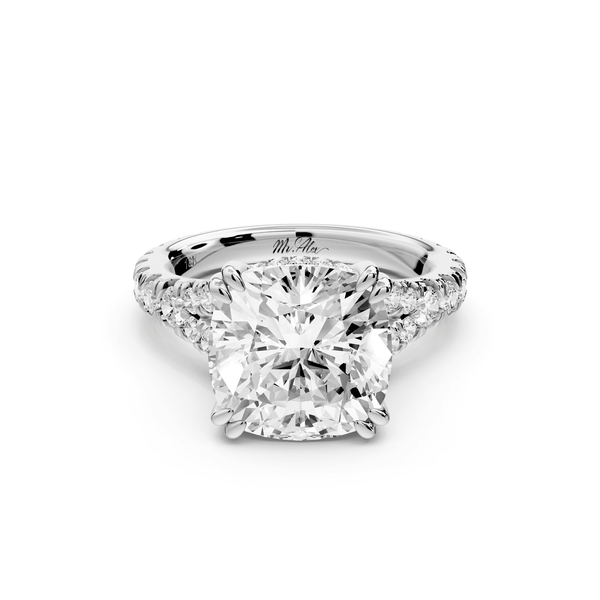 Rosalie - 4ct platinum cushion Pavé Cathedral Hidden Halo with Diamond Bridge split shank Engagement Ring - Mr. Alex Jewelry