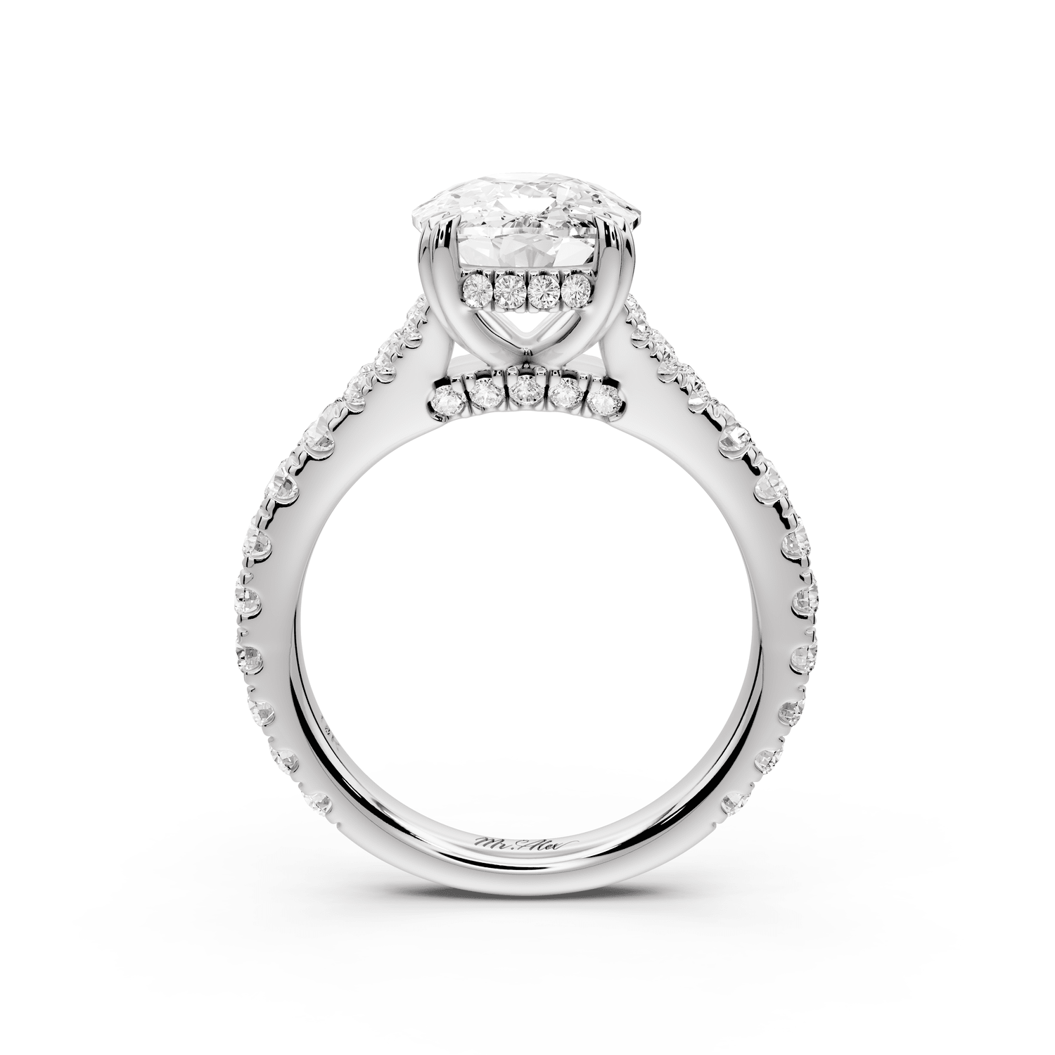 Rosalie - 4ct platinum ecushion Pavé Cathedral Hidden Halo with Diamond Bridge split shank Engagement Ring - Mr. Alex Jewelry