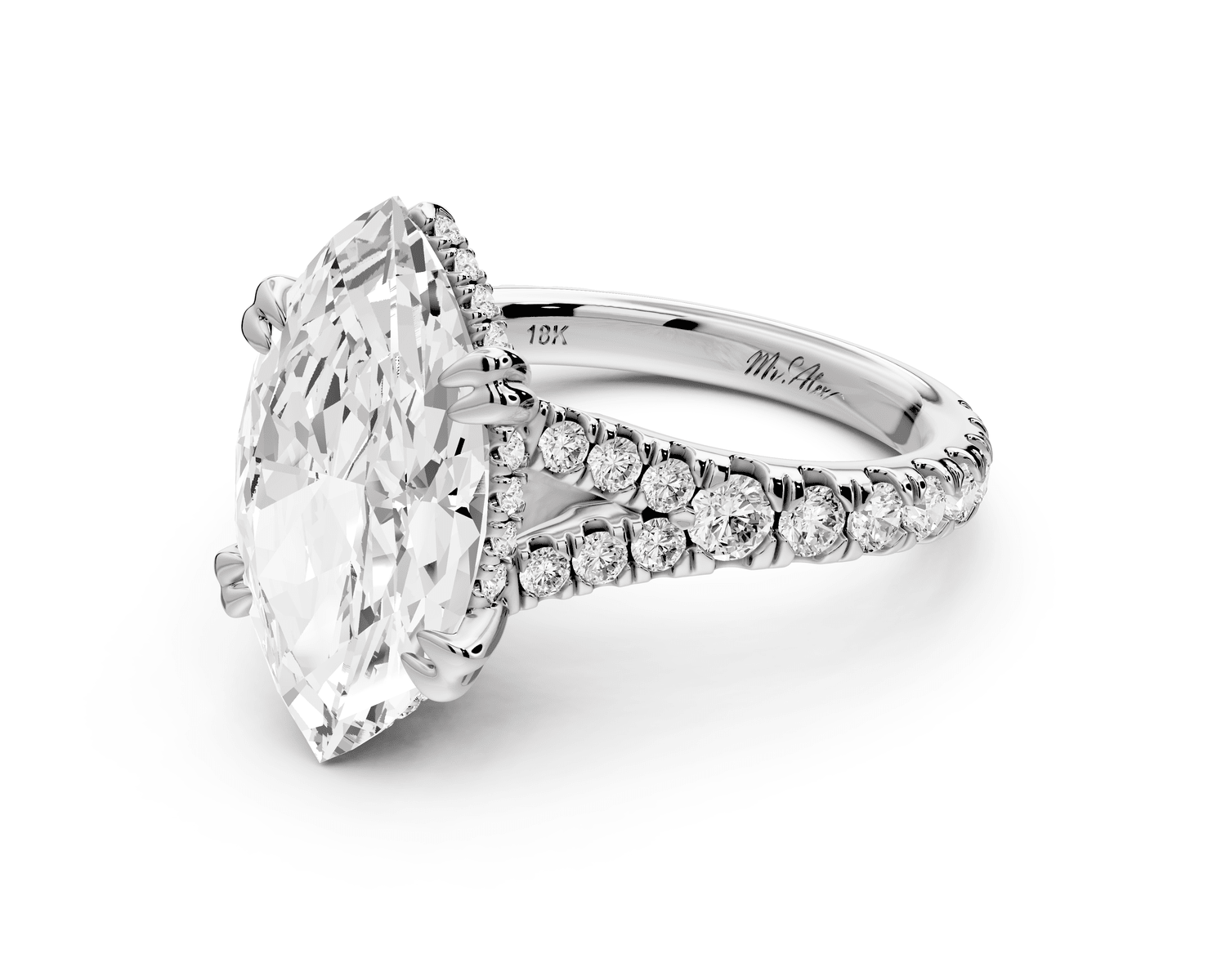 Rosalie - 4ct platinum marquise Pavé Cathedral Hidden Halo with Diamond Bridge split shank Engagement Ring - Mr. Alex Jewelry