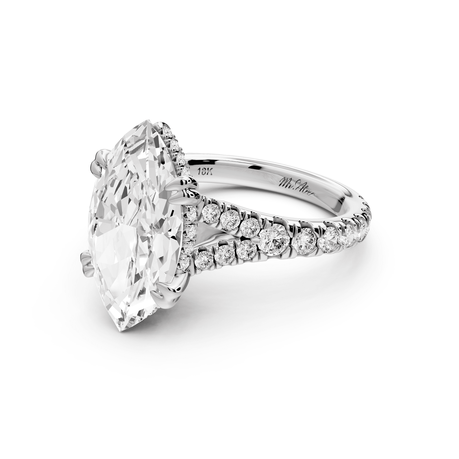 Rosalie - 4ct platinum marquise Pavé Cathedral Hidden Halo with Diamond Bridge split shank Engagement Ring - Mr. Alex Jewelry