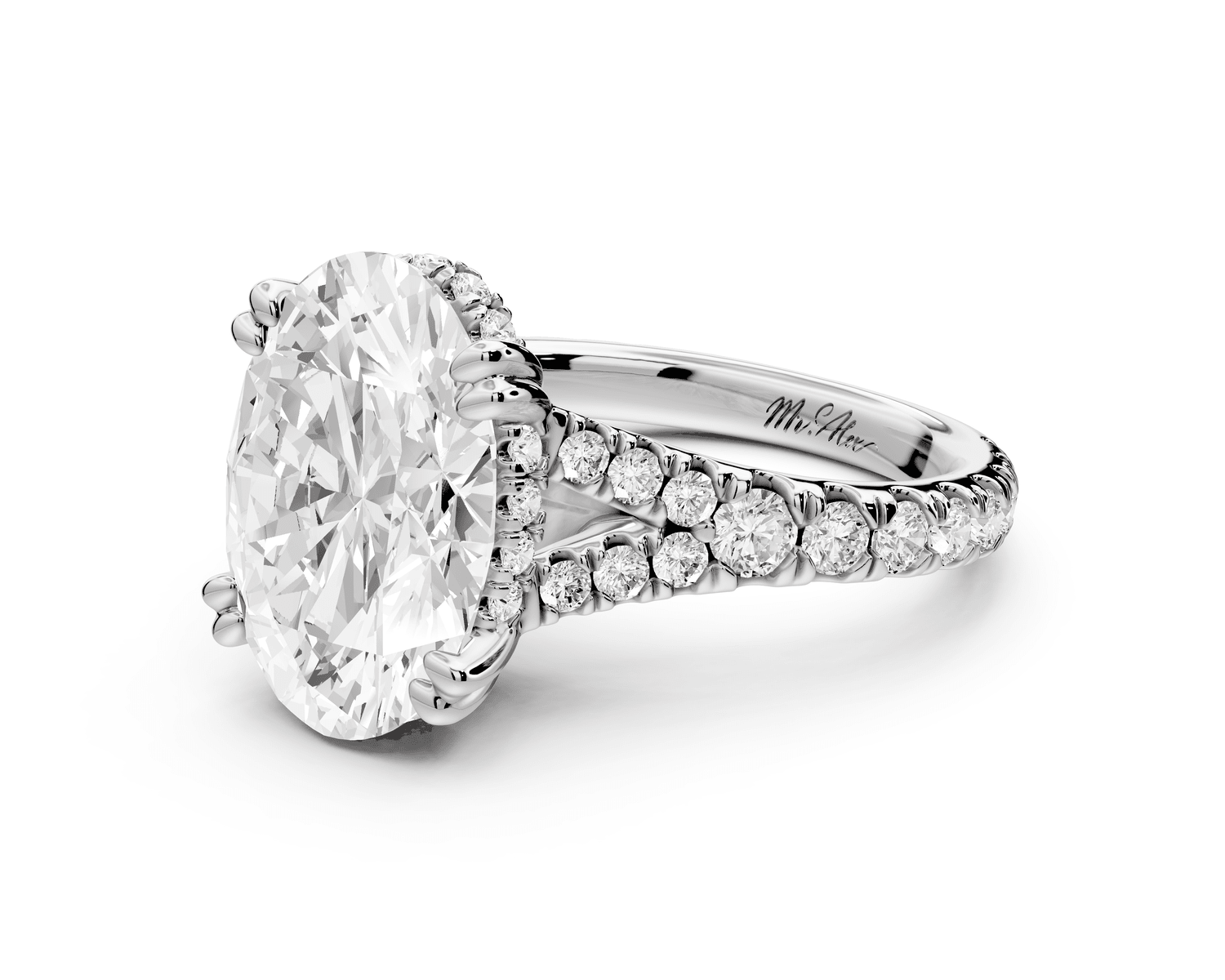 Rosalie - 4ct platinum oval Pavé Cathedral Hidden Halo with Diamond Bridge split shank Engagement Ring - Mr. Alex Jewelry
