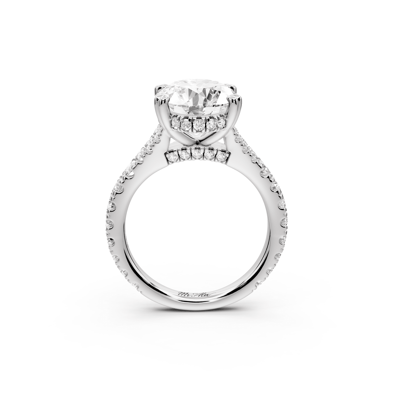 Rosalie - 4ct platinum oval Pavé Cathedral Hidden Halo with Diamond Bridge split shank Engagement Ring - Mr. Alex Jewelry