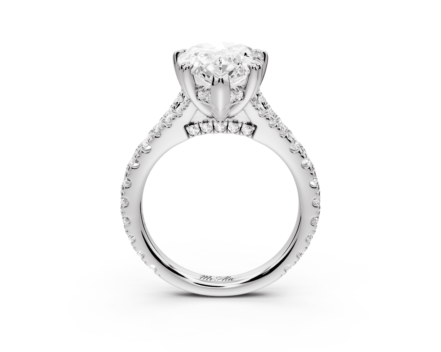 Rosalie - 4ct platinum pear Pavé Cathedral Hidden Halo with Diamond Bridge split shank Engagement Ring - Mr. Alex Jewelry