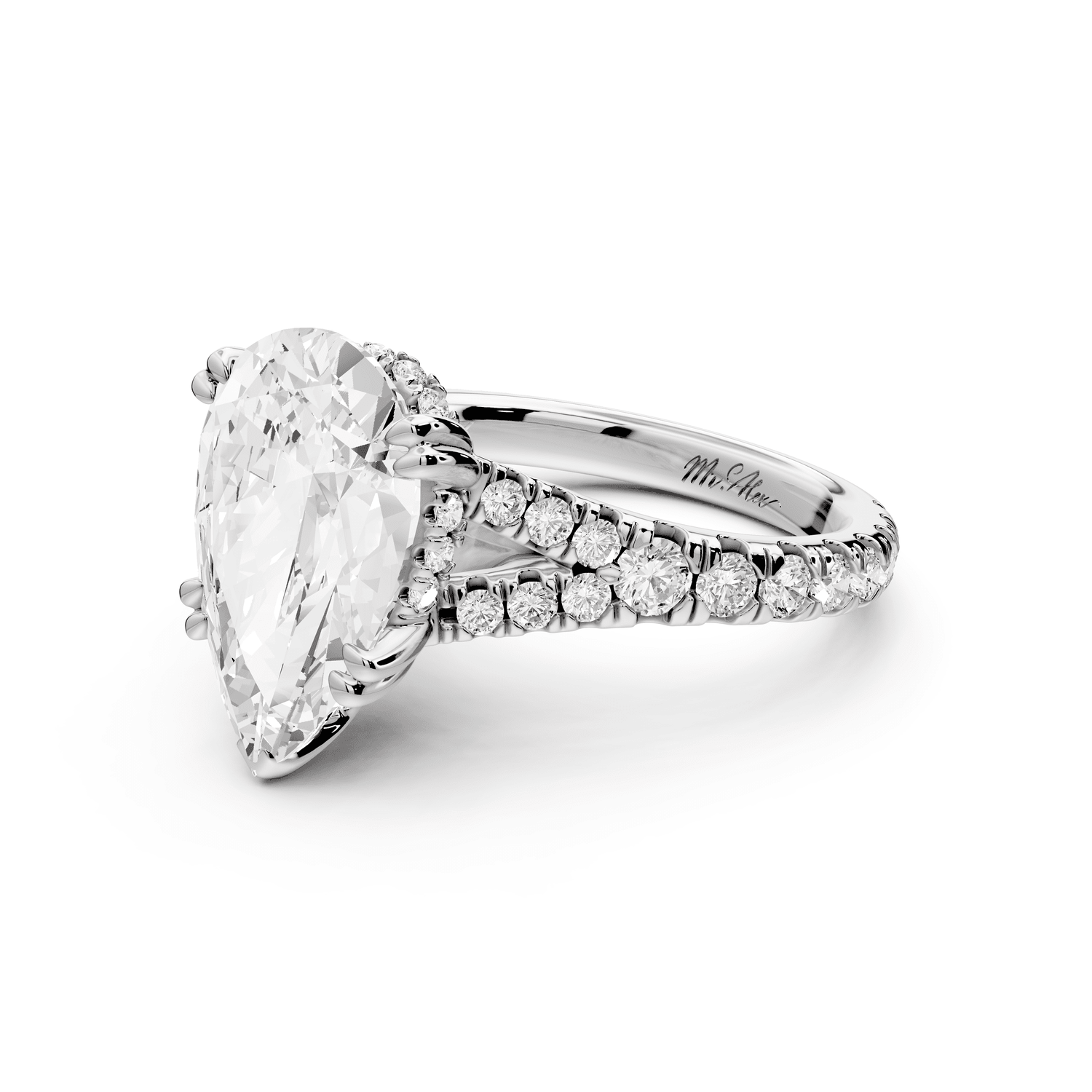 Rosalie - 4ct platinum pear Pavé Cathedral Hidden Halo with Diamond Bridge split shank Engagement Ring - Mr. Alex Jewelry