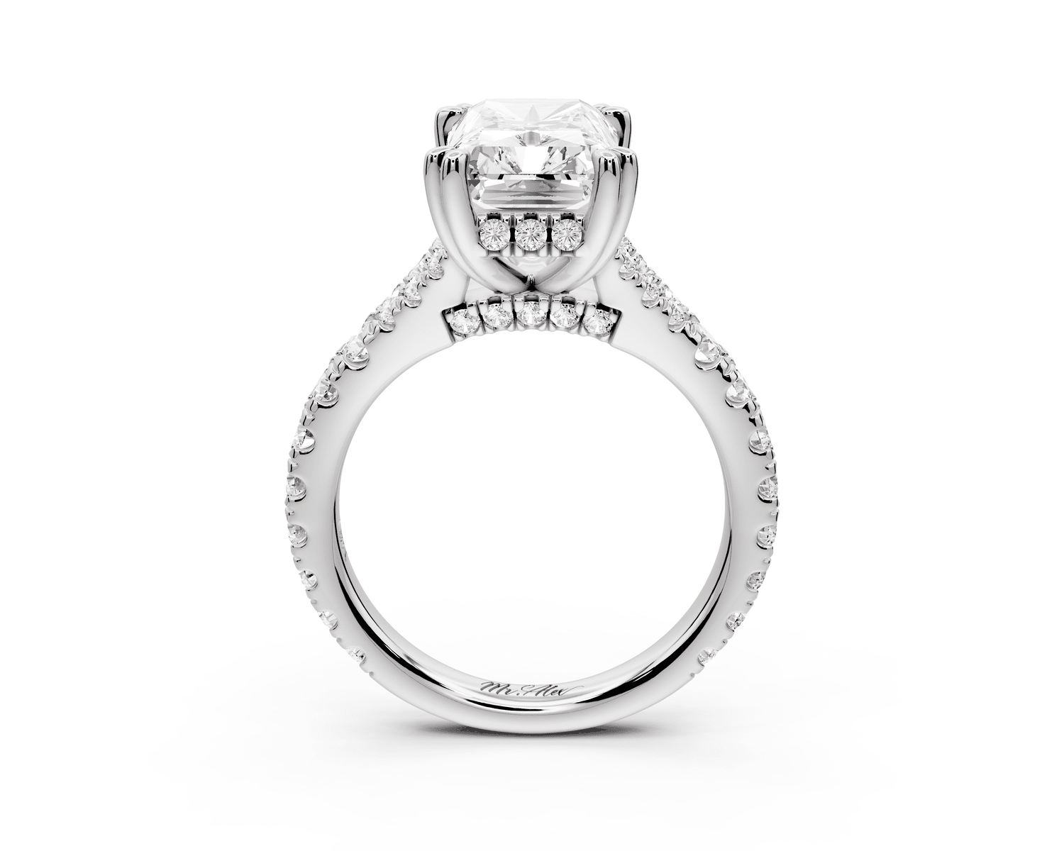 Rosalie - 4ct platinum radiant Pavé Cathedral Hidden Halo with Diamond Bridge split shank Engagement Ring - Mr. Alex Jewelry