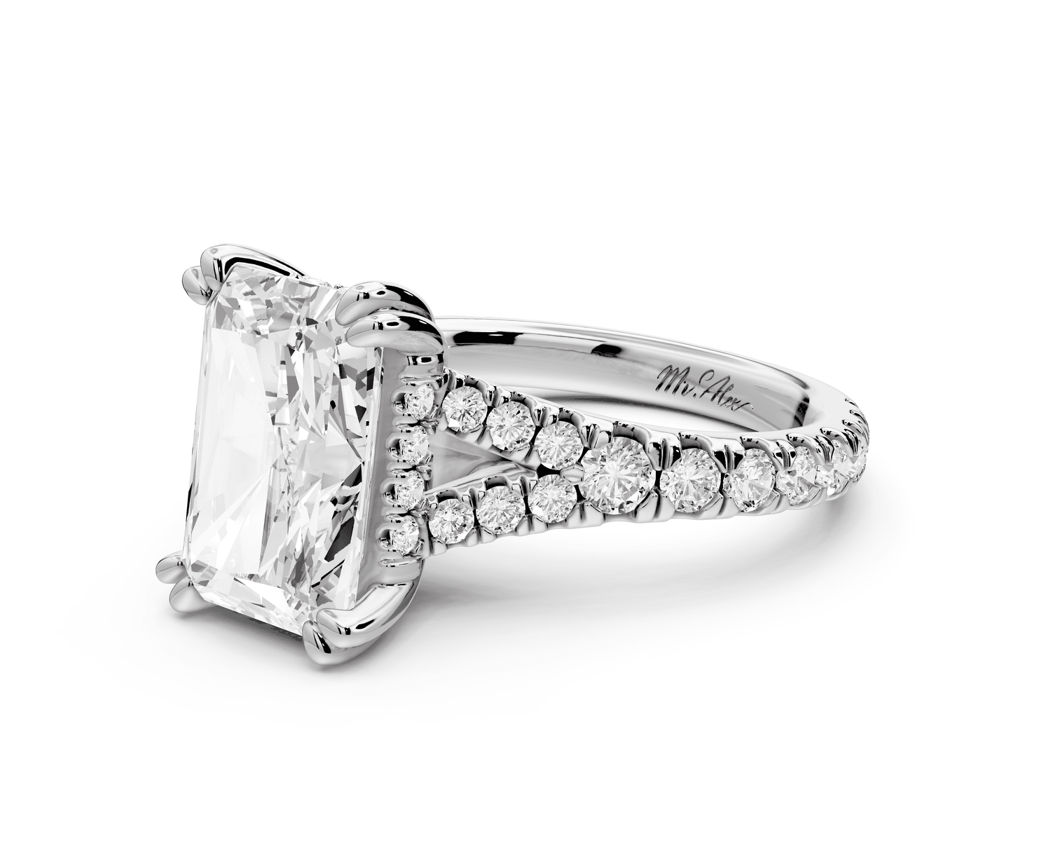 Rosalie - 4ct platinum radiant Pavé Cathedral Hidden Halo with Diamond Bridge split shank Engagement Ring - Mr. Alex Jewelry