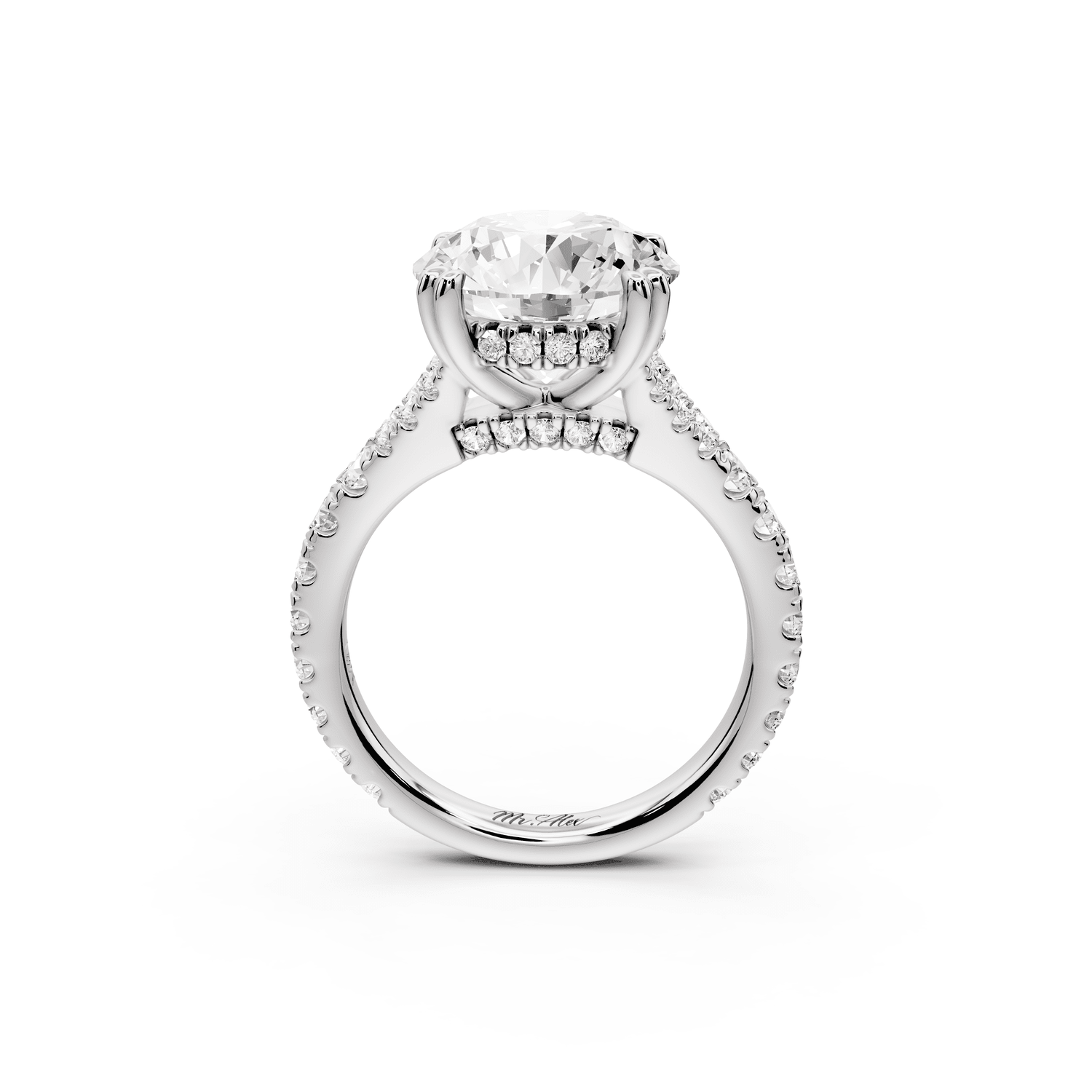 Rosalie - 4ct platinum round Pavé Cathedral Hidden Halo with Diamond Bridge split shank Engagement Ring - Mr. Alex Jewelry