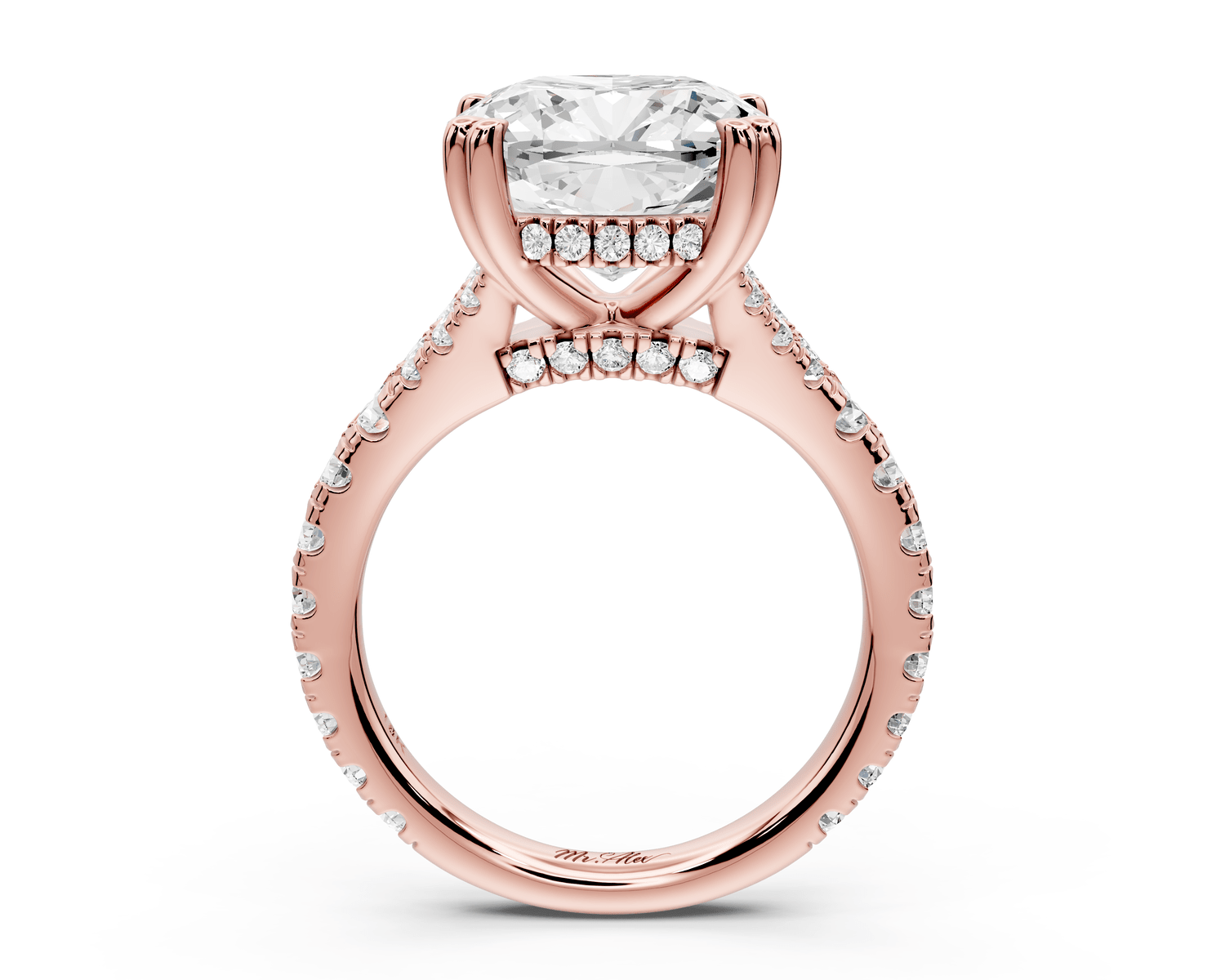 Rosalie - 5ct 14k rose gold cushion Pavé Cathedral Hidden Halo with Diamond Bridge split shank Engagement Ring - Mr. Alex Jewelry