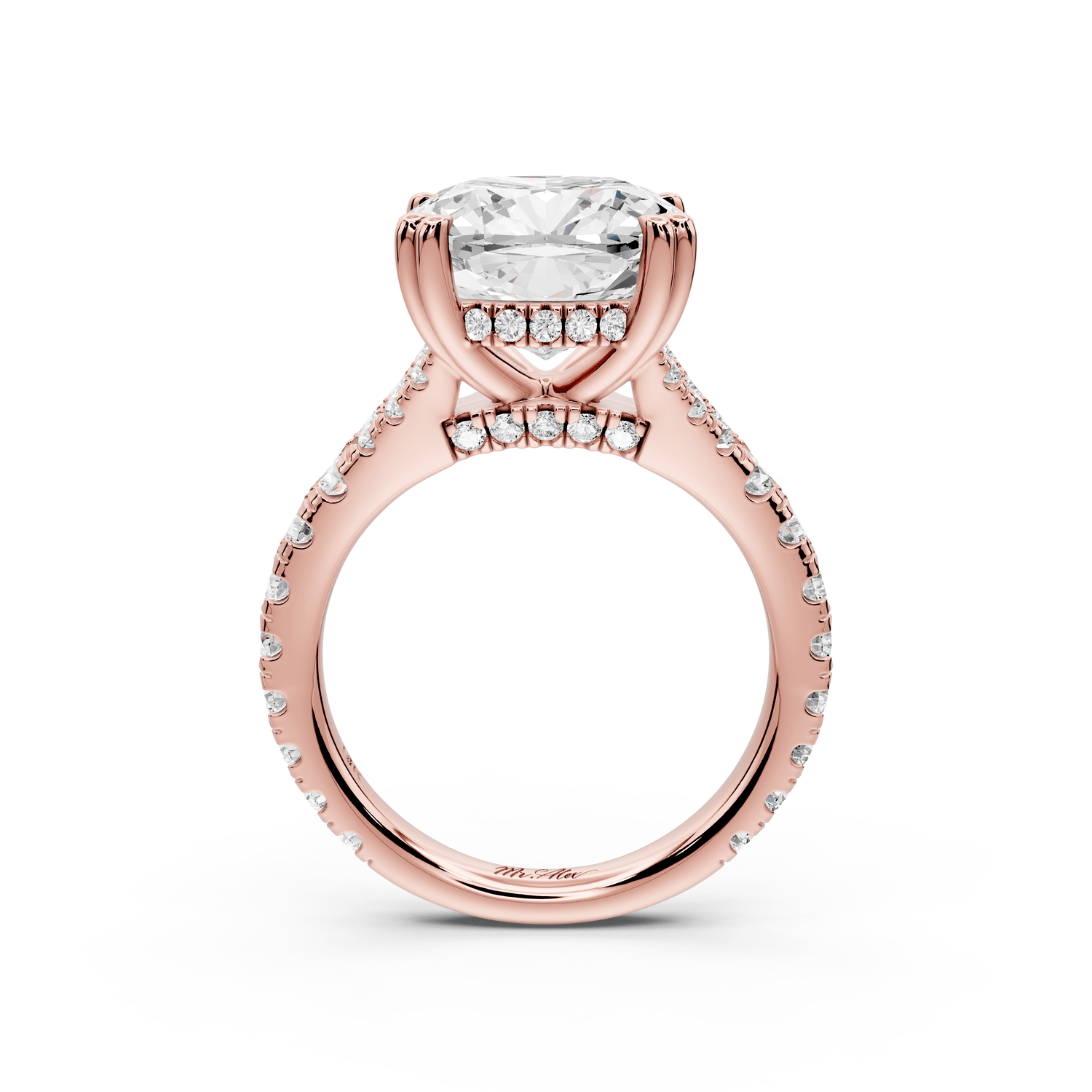 Rosalie - 5ct 14k rose gold cushion Pavé Cathedral Hidden Halo with Diamond Bridge split shank Engagement Ring - Mr. Alex Jewelry