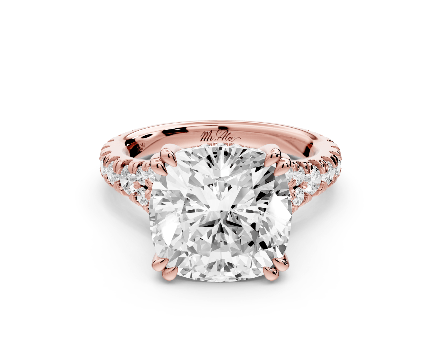 Rosalie - 5ct 14k rose gold cushion Pavé Cathedral Hidden Halo with Diamond Bridge split shank Engagement Ring - Mr. Alex Jewelry
