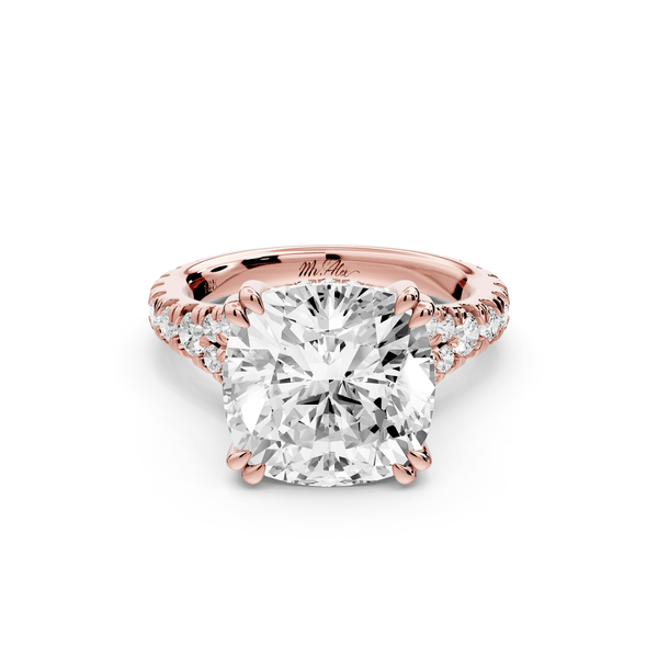 Rosalie - 5ct 14k rose gold cushion Pavé Cathedral Hidden Halo with Diamond Bridge split shank Engagement Ring - Mr. Alex Jewelry