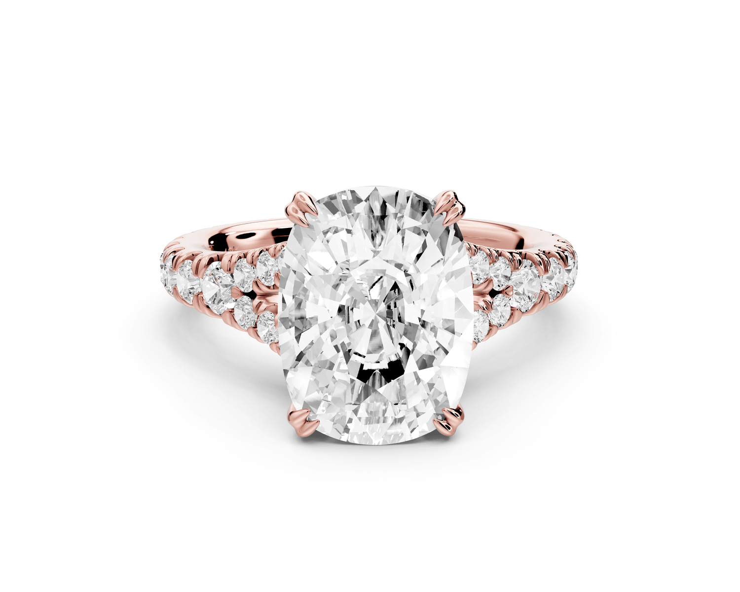 Rosalie - 5ct 14k rose gold ecushion Pavé Cathedral Hidden Halo with Diamond Bridge split shank Engagement Ring - Mr. Alex Jewelry
