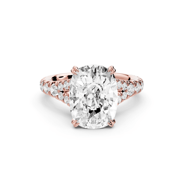Rosalie - 5ct 14k rose gold ecushion Pavé Cathedral Hidden Halo with Diamond Bridge split shank Engagement Ring - Mr. Alex Jewelry