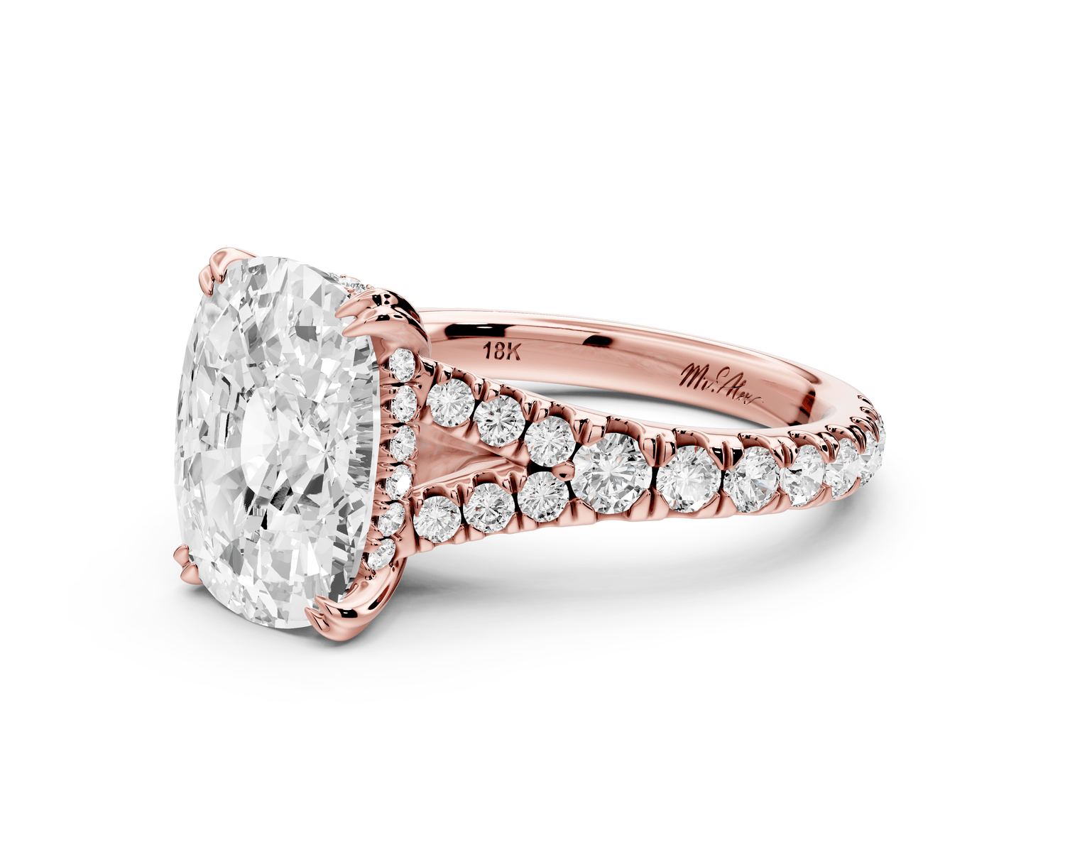 Rosalie - 5ct 14k rose gold ecushion Pavé Cathedral Hidden Halo with Diamond Bridge split shank Engagement Ring - Mr. Alex Jewelry