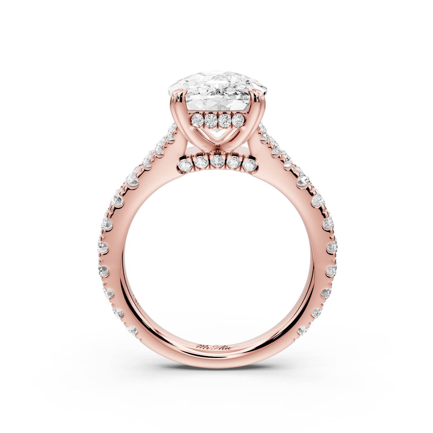 Rosalie - 5ct 14k rose gold ecushion Pavé Cathedral Hidden Halo with Diamond Bridge split shank Engagement Ring - Mr. Alex Jewelry