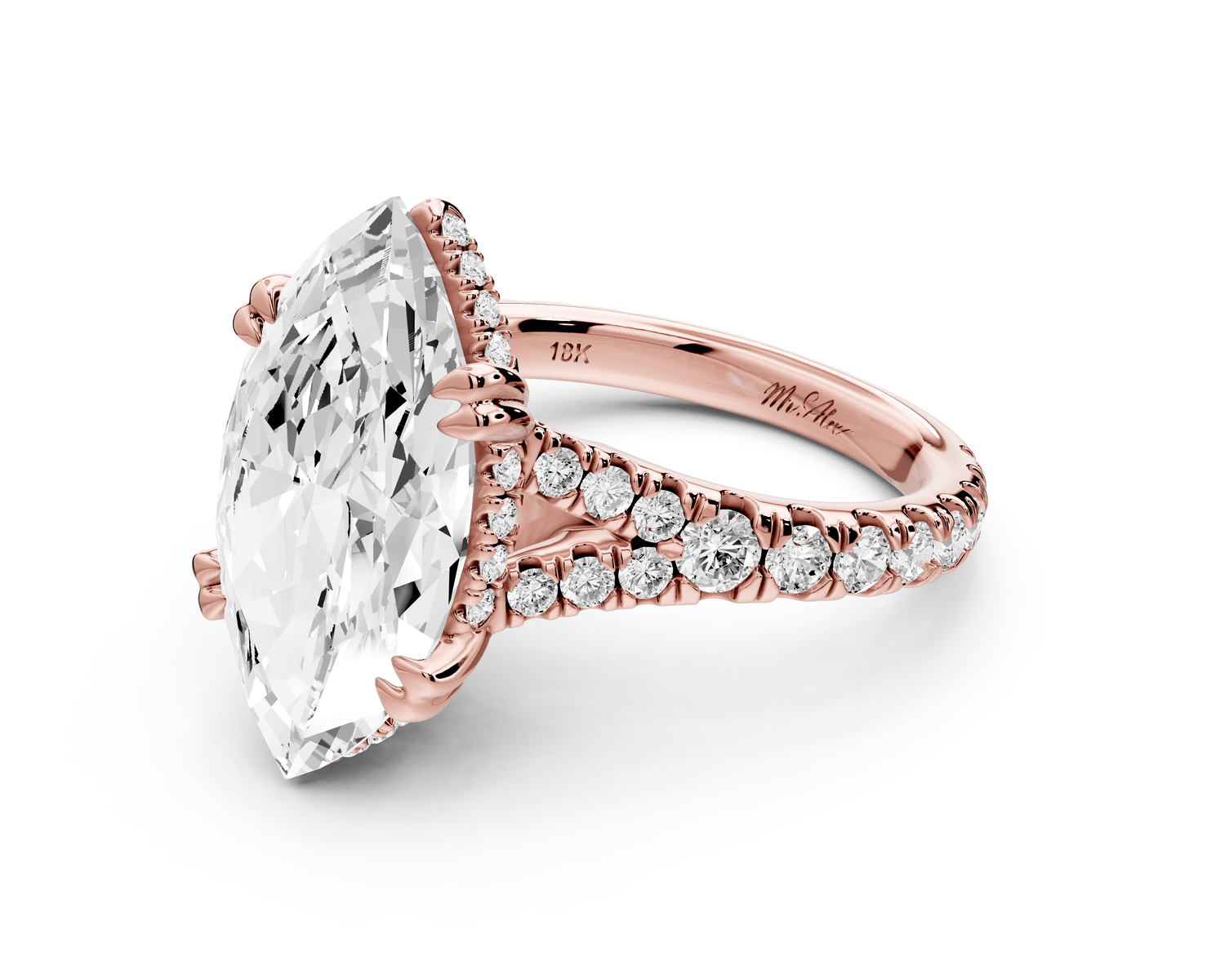 Rosalie - 5ct 14k rose gold marquise Pavé Cathedral Hidden Halo with Diamond Bridge split shank Engagement Ring - Mr. Alex Jewelry