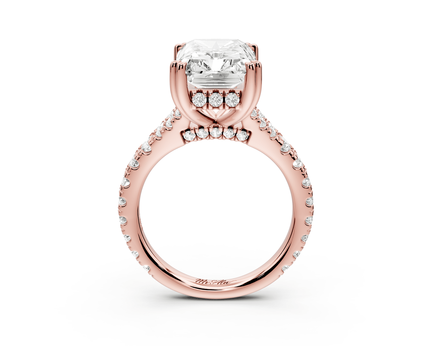 Rosalie - 5ct 14k rose gold radiant Pavé Cathedral Hidden Halo with Diamond Bridge split shank Engagement Ring - Mr. Alex Jewelry