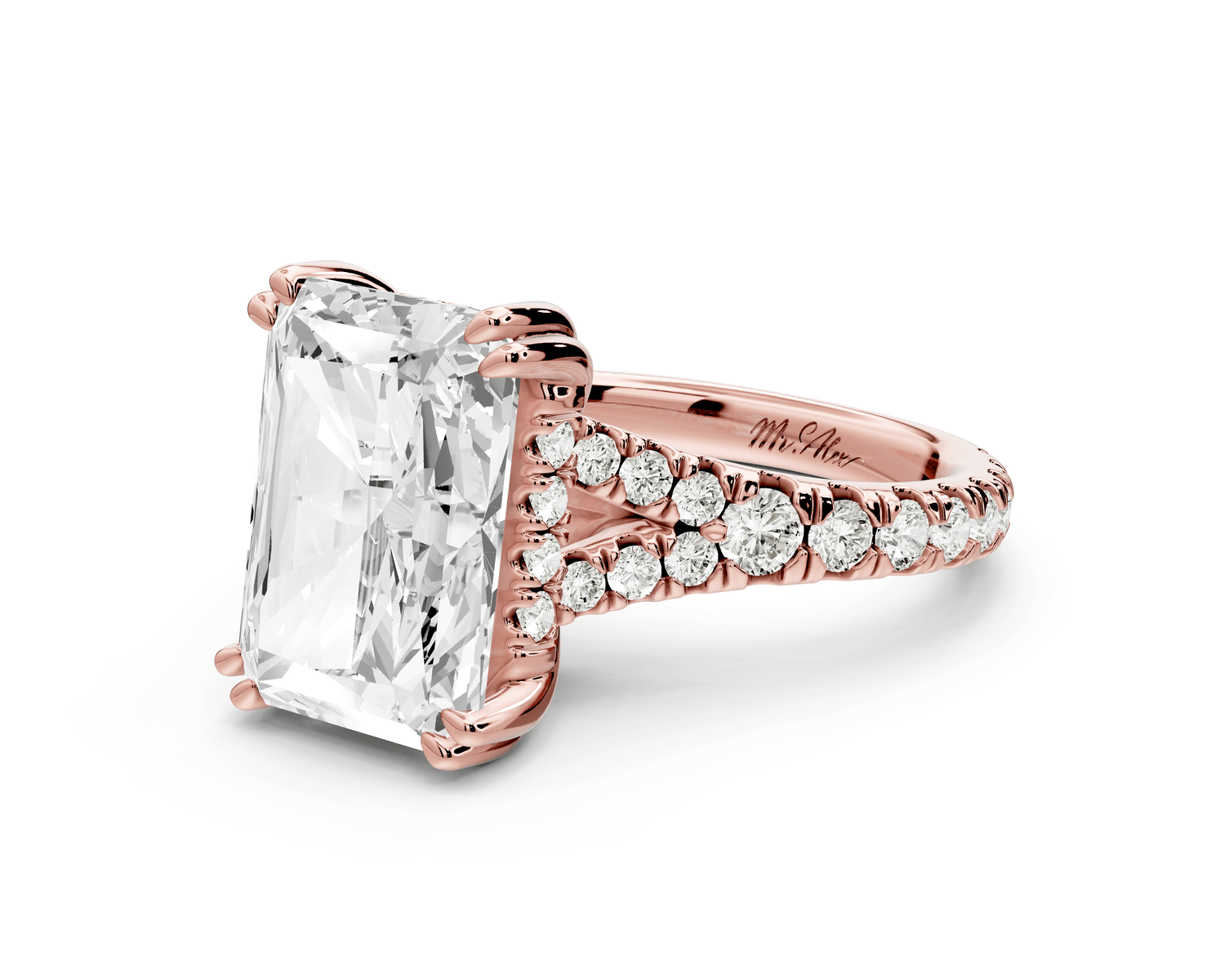 Rosalie - 5ct 14k rose gold radiant Pavé Cathedral Hidden Halo with Diamond Bridge split shank Engagement Ring - Mr. Alex Jewelry
