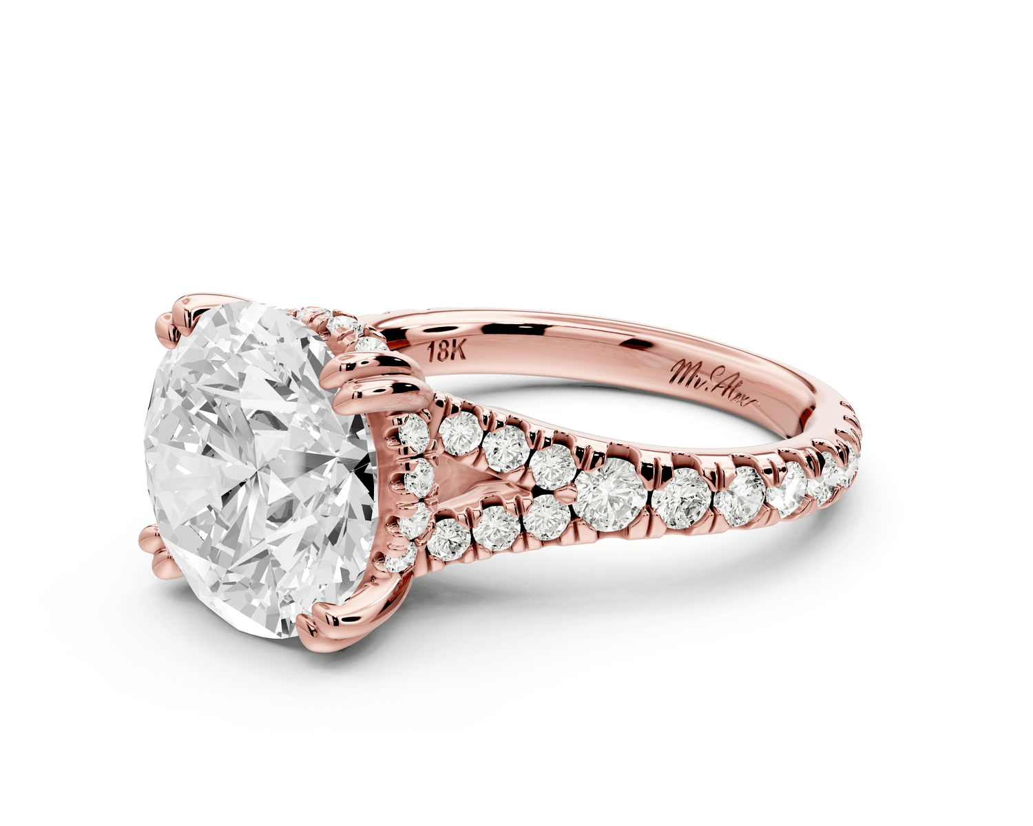Rosalie - 5ct 14k rose gold round Pavé Cathedral Hidden Halo with Diamond Bridge split shank Engagement Ring - Mr. Alex Jewelry