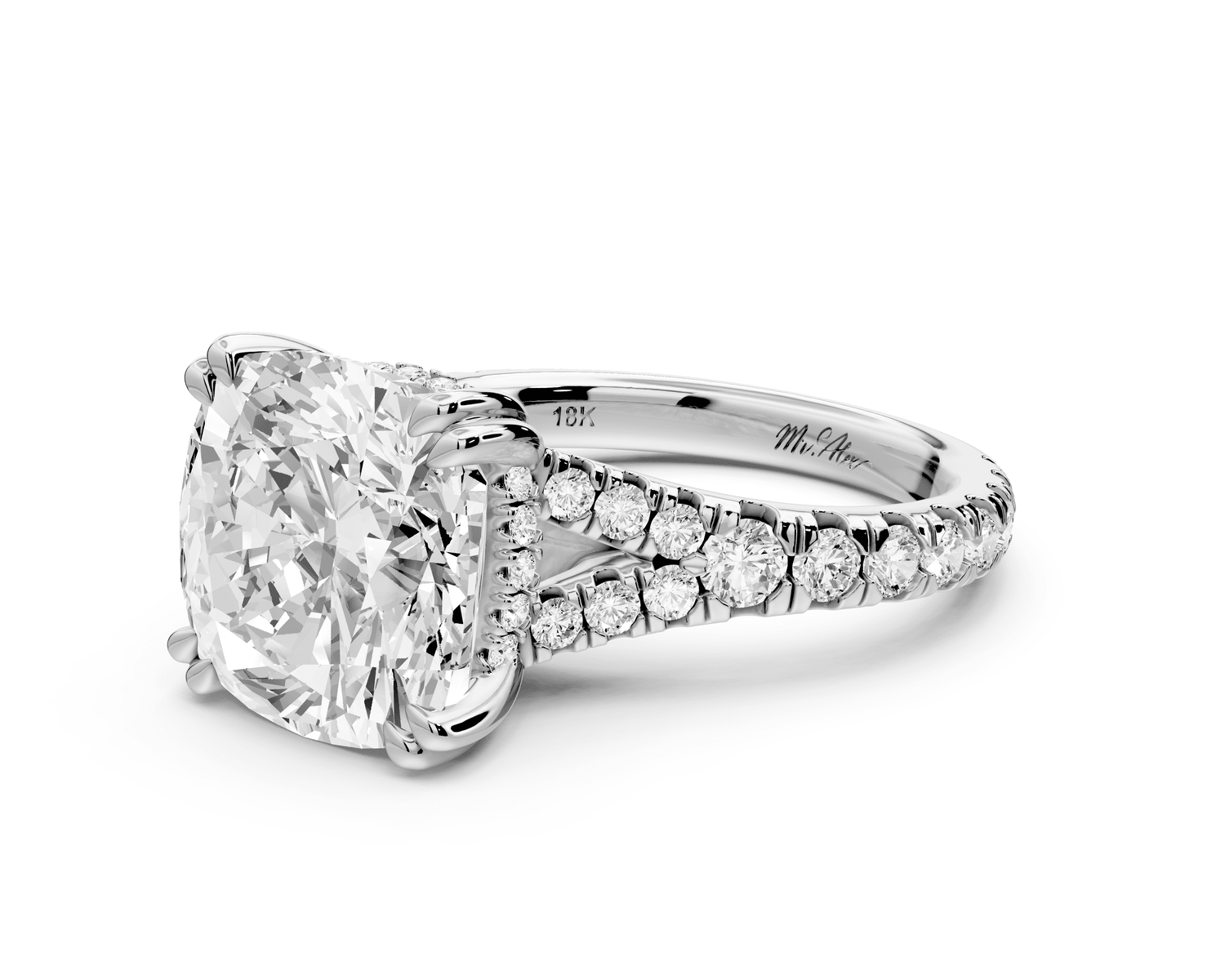 Rosalie - 5ct 14k white gold cushion Pavé Cathedral Hidden Halo with Diamond Bridge split shank Engagement Ring - Mr. Alex Jewelry