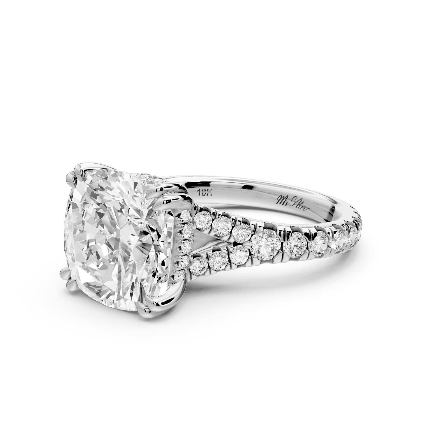 Rosalie - 5ct 14k white gold cushion Pavé Cathedral Hidden Halo with Diamond Bridge split shank Engagement Ring - Mr. Alex Jewelry