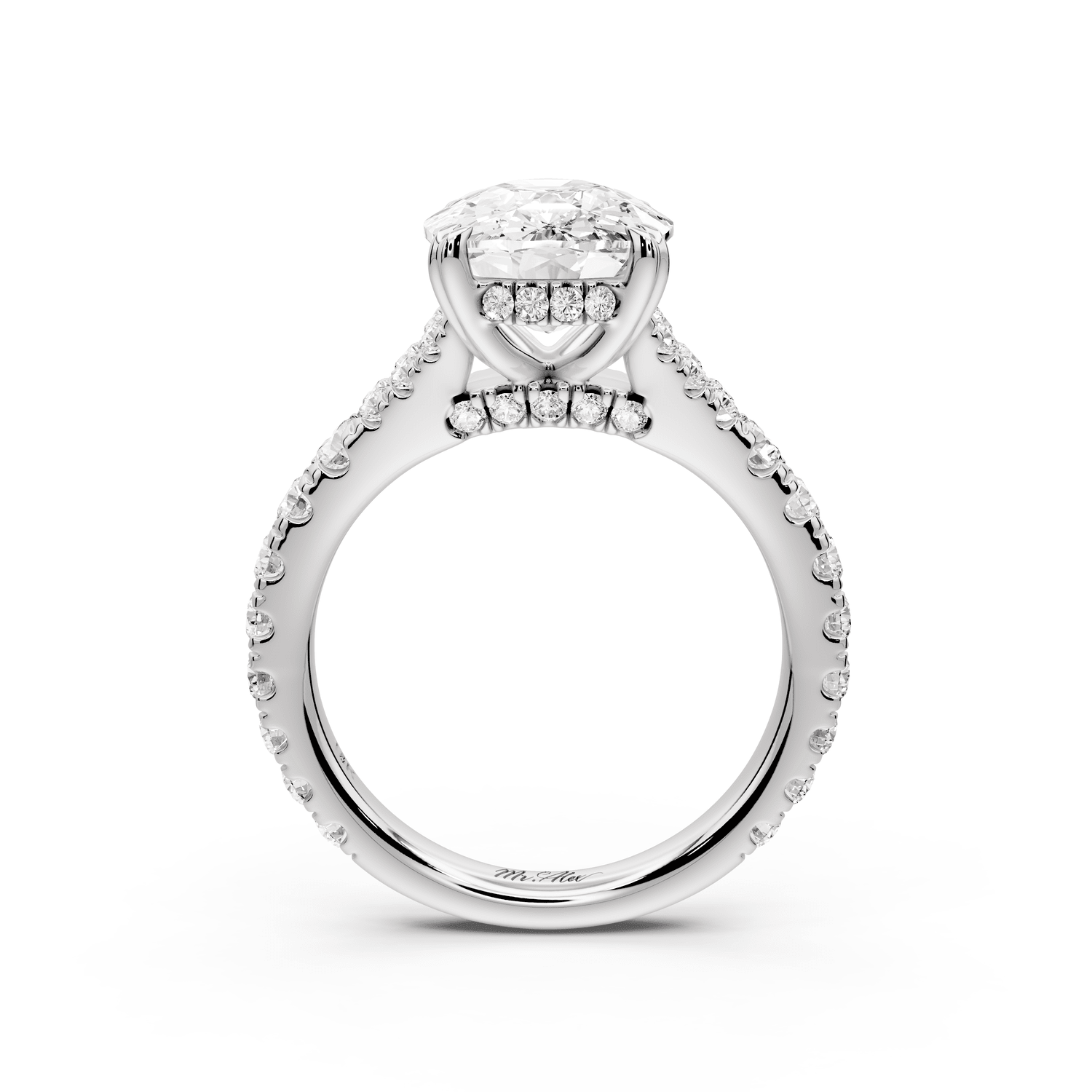 Rosalie - 5ct 14k white gold ecushion Pavé Cathedral Hidden Halo with Diamond Bridge split shank Engagement Ring - Mr. Alex Jewelry