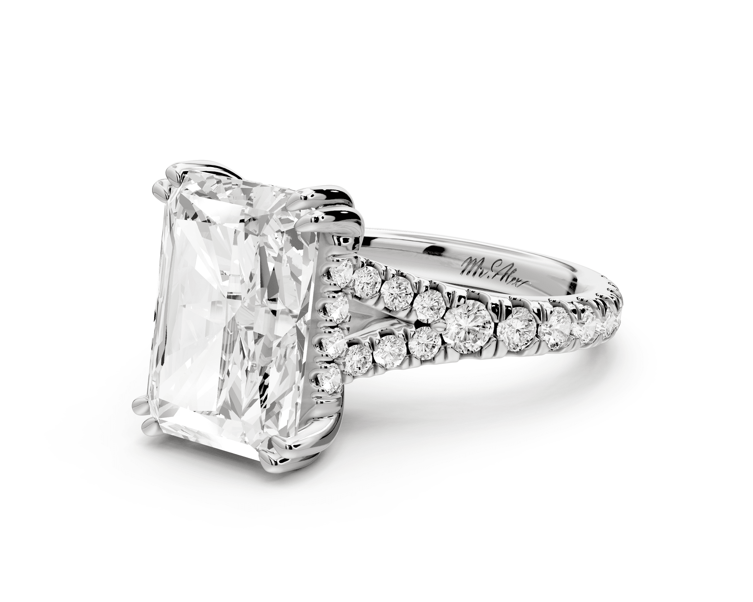 Rosalie - 5ct 14k white gold radiant Pavé Cathedral Hidden Halo with Diamond Bridge split shank Engagement Ring - Mr. Alex Jewelry