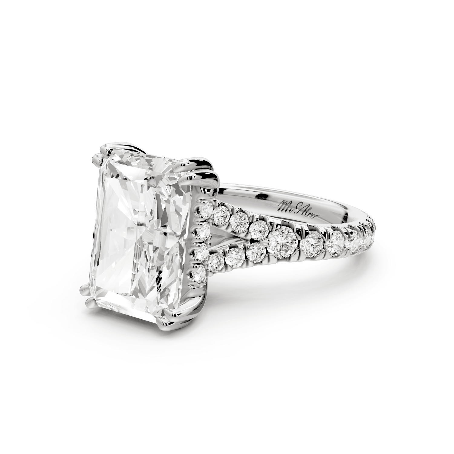 Rosalie - 5ct 14k white gold radiant Pavé Cathedral Hidden Halo with Diamond Bridge split shank Engagement Ring - Mr. Alex Jewelry