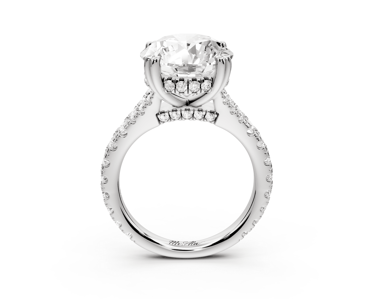 Rosalie - 5ct 14k white gold round Pavé Cathedral Hidden Halo with Diamond Bridge split shank Engagement Ring - Mr. Alex Jewelry