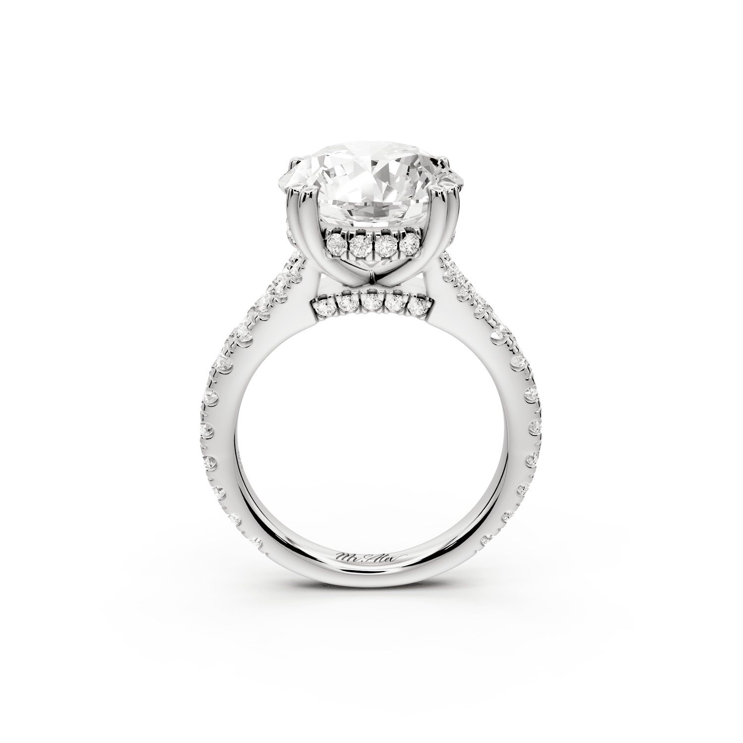 Rosalie - 5ct 14k white gold round Pavé Cathedral Hidden Halo with Diamond Bridge split shank Engagement Ring - Mr. Alex Jewelry