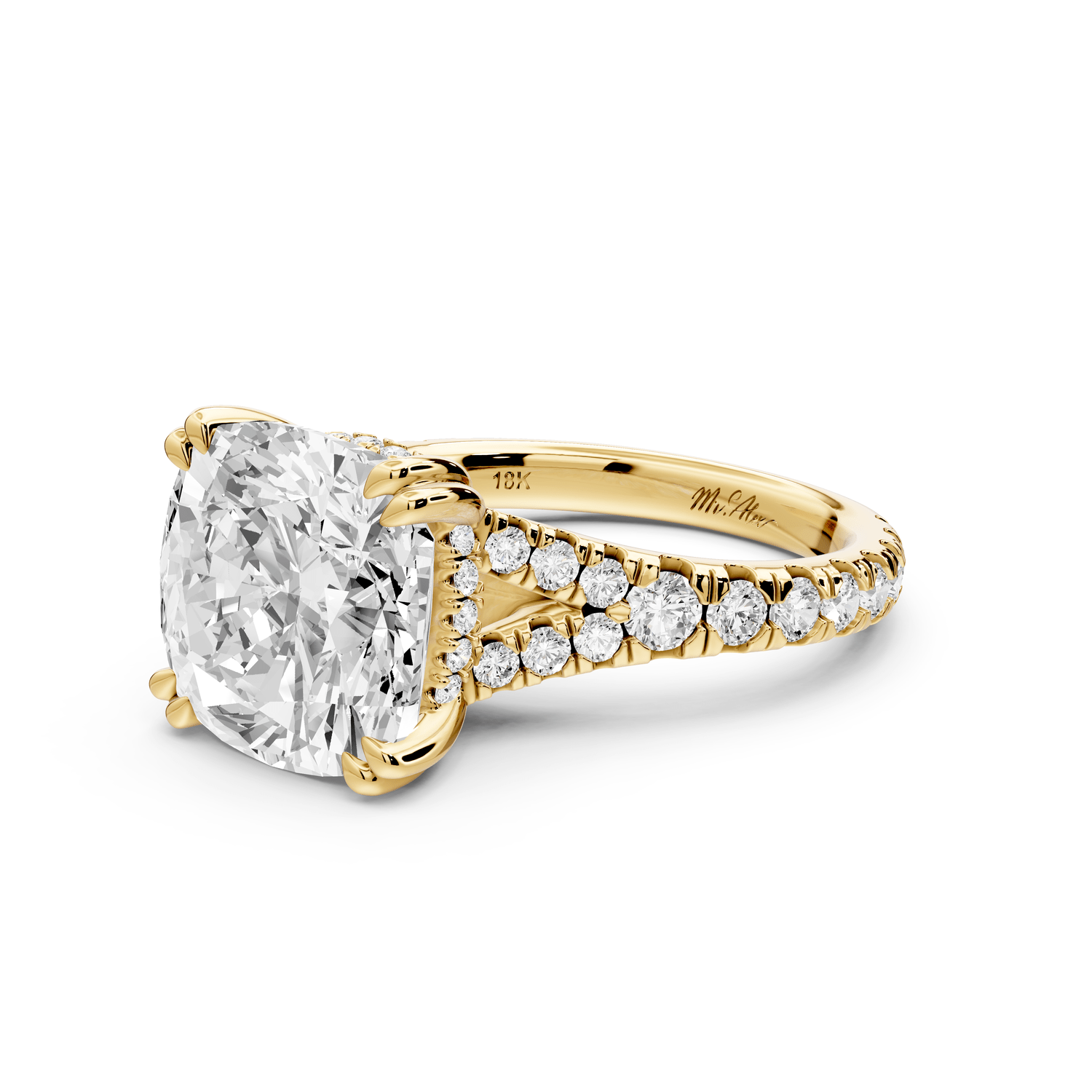 Rosalie - 5ct 14k yellow gold cushion Pavé Cathedral Hidden Halo with Diamond Bridge split shank Engagement Ring - Mr. Alex Jewelry