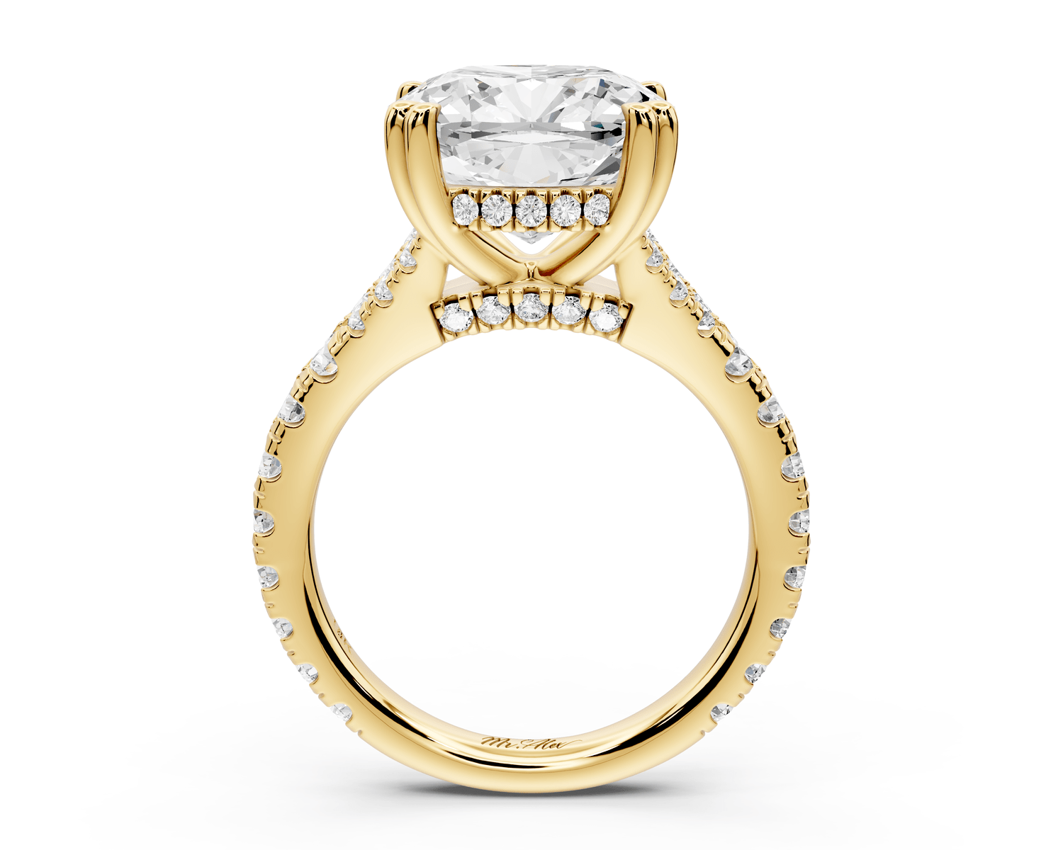 Rosalie - 5ct 14k yellow gold cushion Pavé Cathedral Hidden Halo with Diamond Bridge split shank Engagement Ring - Mr. Alex Jewelry