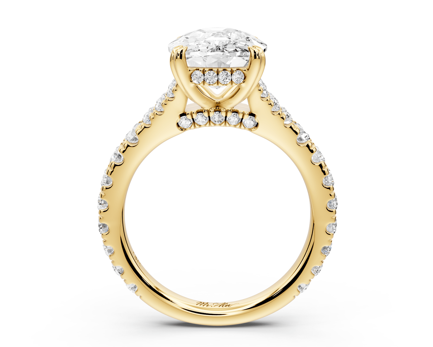 Rosalie - 5ct 14k yellow gold ecushion Pavé Cathedral Hidden Halo with Diamond Bridge split shank Engagement Ring - Mr. Alex Jewelry
