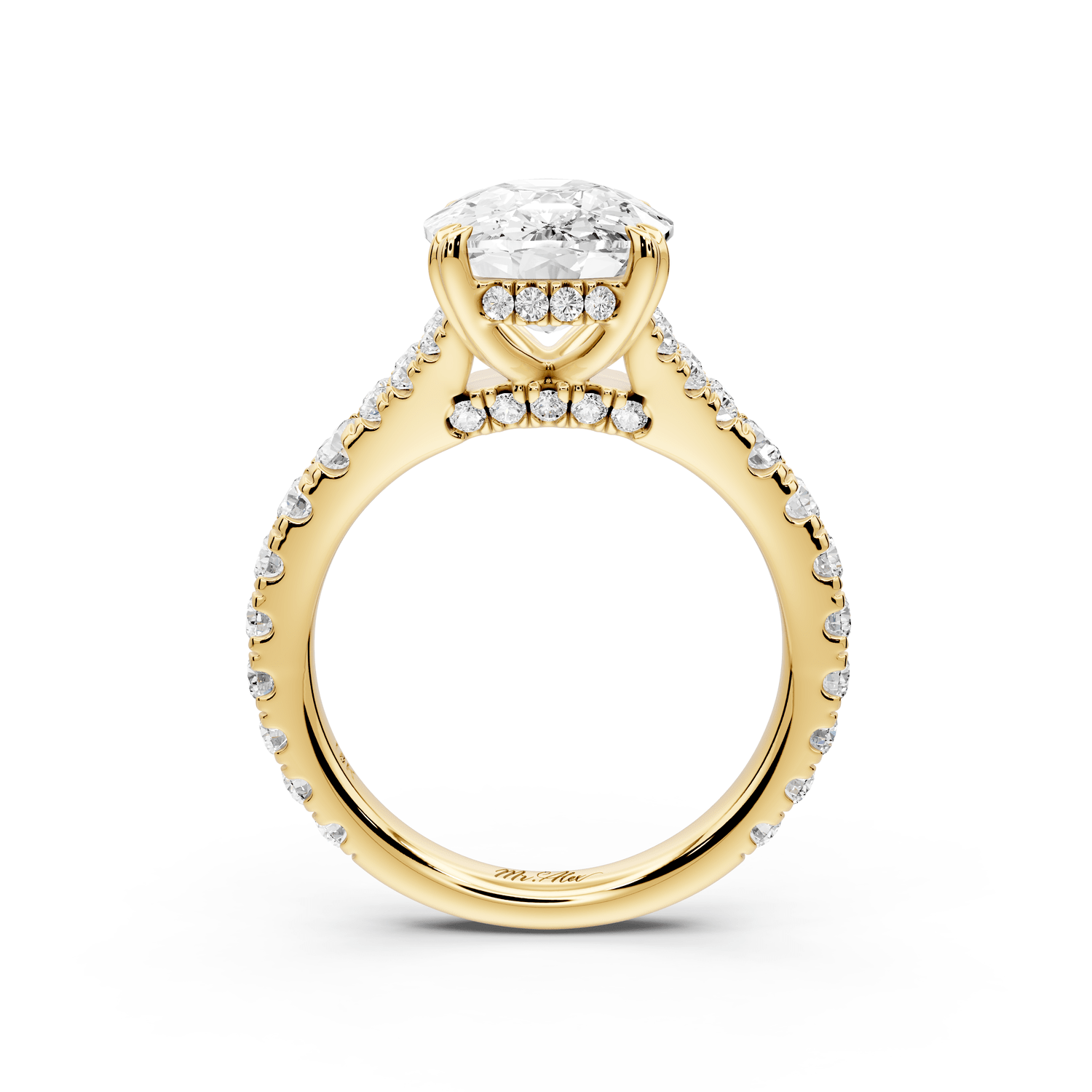 Rosalie - 5ct 14k yellow gold ecushion Pavé Cathedral Hidden Halo with Diamond Bridge split shank Engagement Ring - Mr. Alex Jewelry