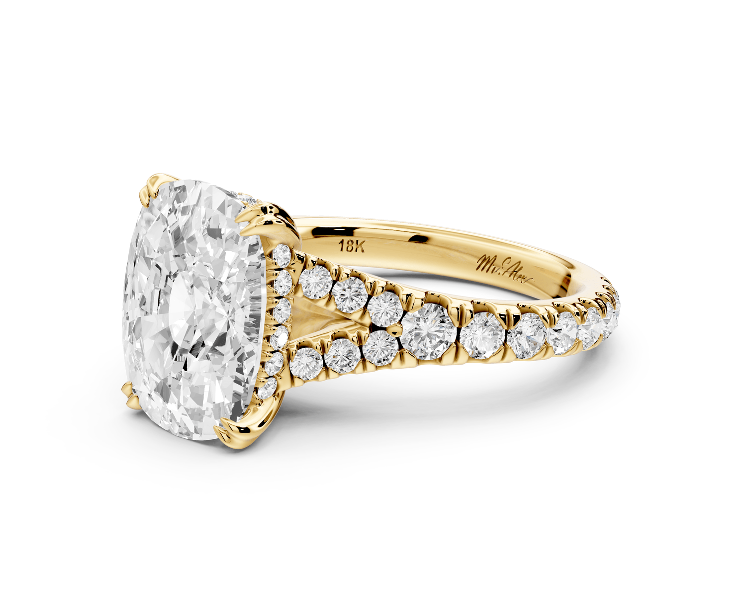 Rosalie - 5ct 14k yellow gold ecushion Pavé Cathedral Hidden Halo with Diamond Bridge split shank Engagement Ring - Mr. Alex Jewelry