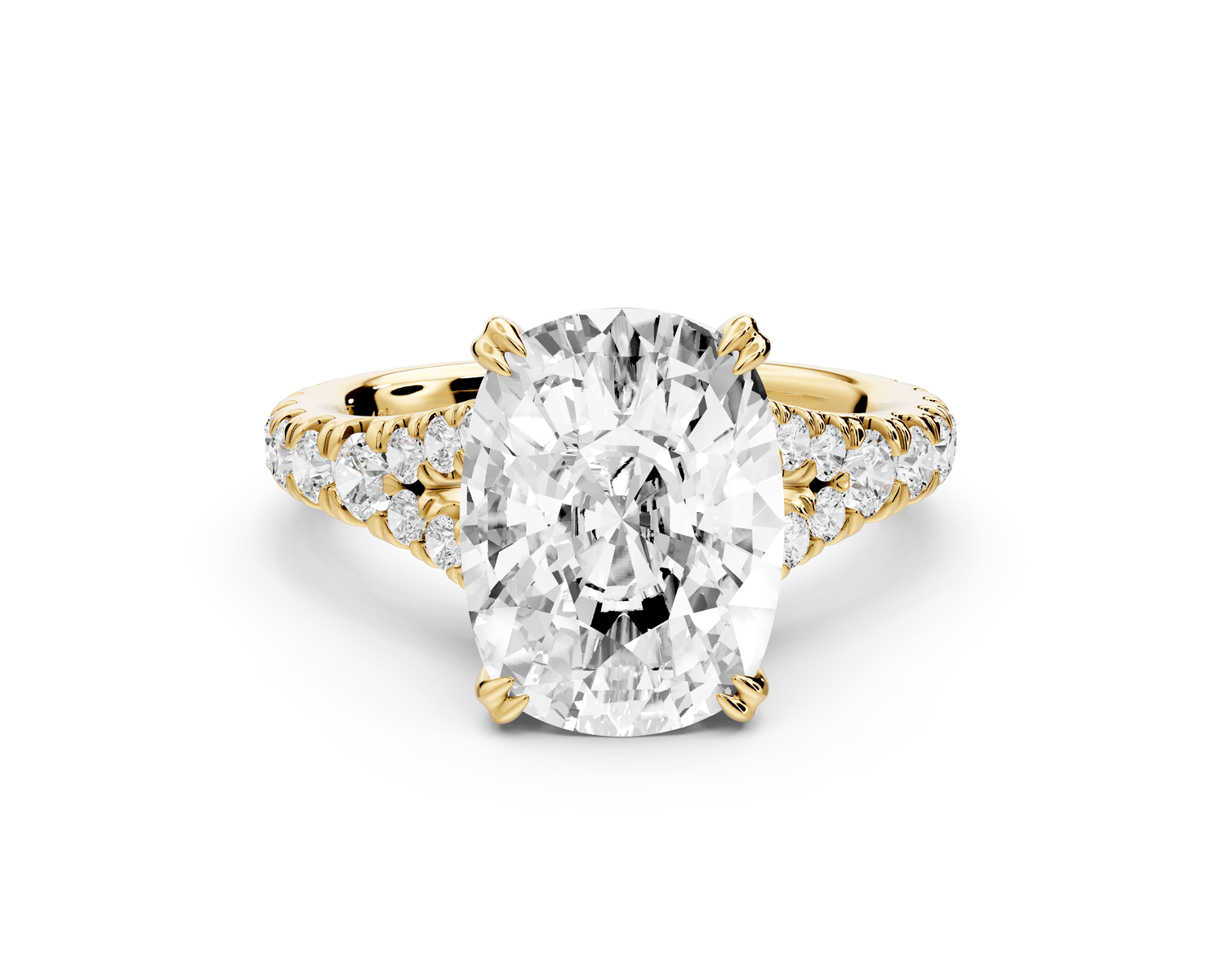 Rosalie - 5ct 14k yellow gold ecushion Pavé Cathedral Hidden Halo with Diamond Bridge split shank Engagement Ring - Mr. Alex Jewelry