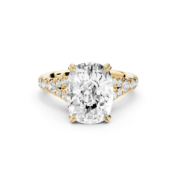Rosalie - 5ct 14k yellow gold ecushion Pavé Cathedral Hidden Halo with Diamond Bridge split shank Engagement Ring - Mr. Alex Jewelry
