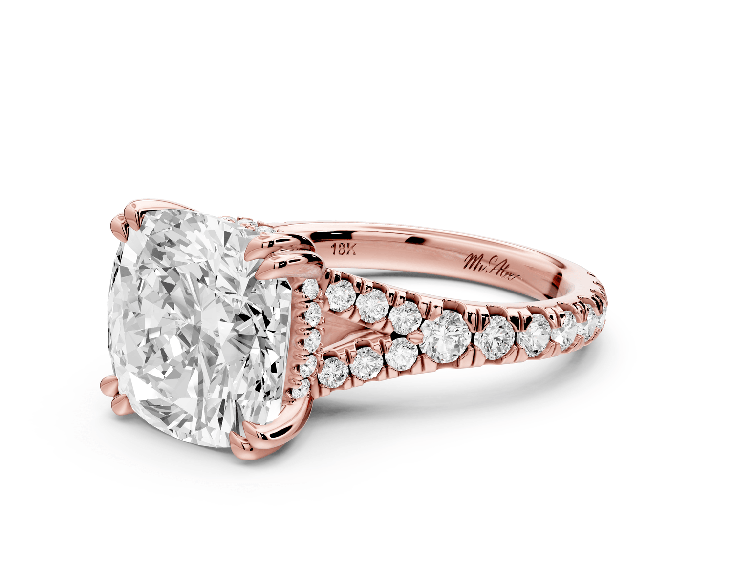 Rosalie - 5ct 18k rose gold cushion Pavé Cathedral Hidden Halo with Diamond Bridge split shank Engagement Ring - Mr. Alex Jewelry