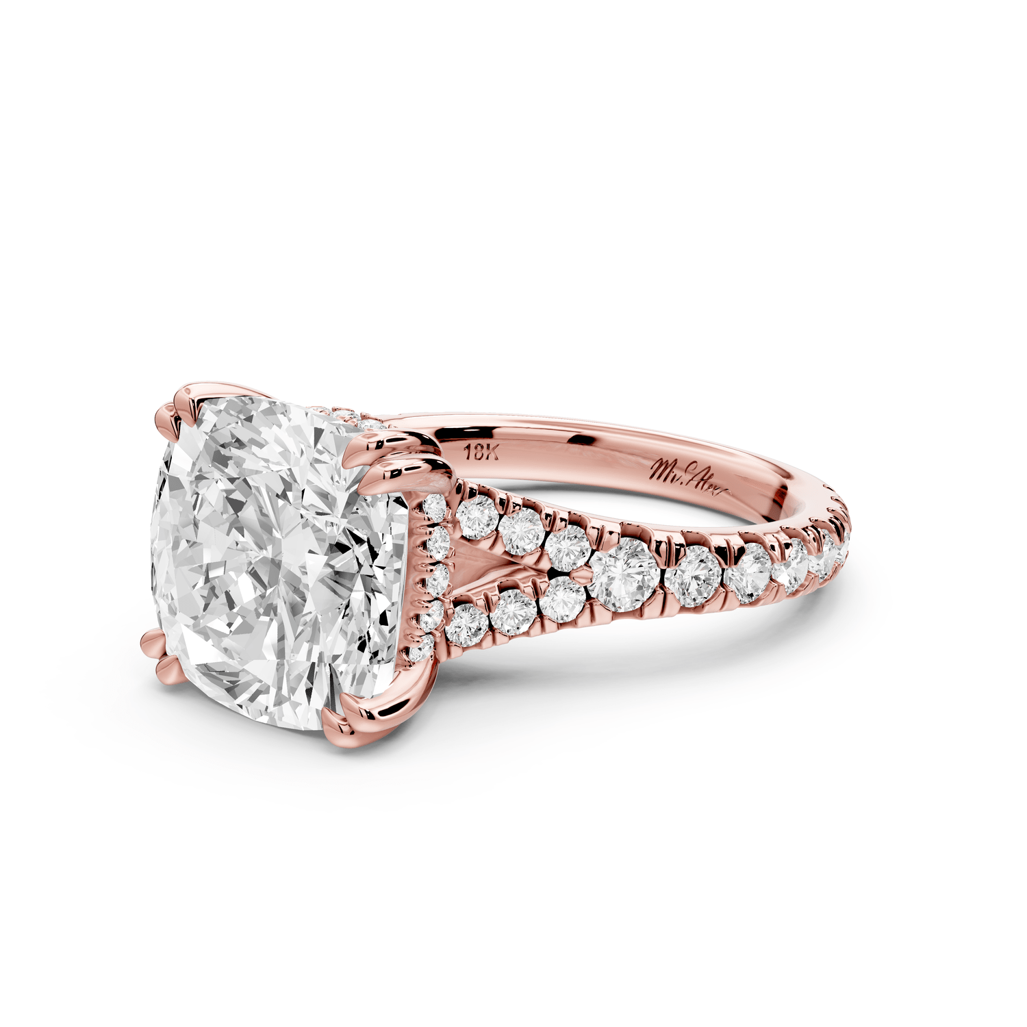 Rosalie - 5ct 18k rose gold cushion Pavé Cathedral Hidden Halo with Diamond Bridge split shank Engagement Ring - Mr. Alex Jewelry