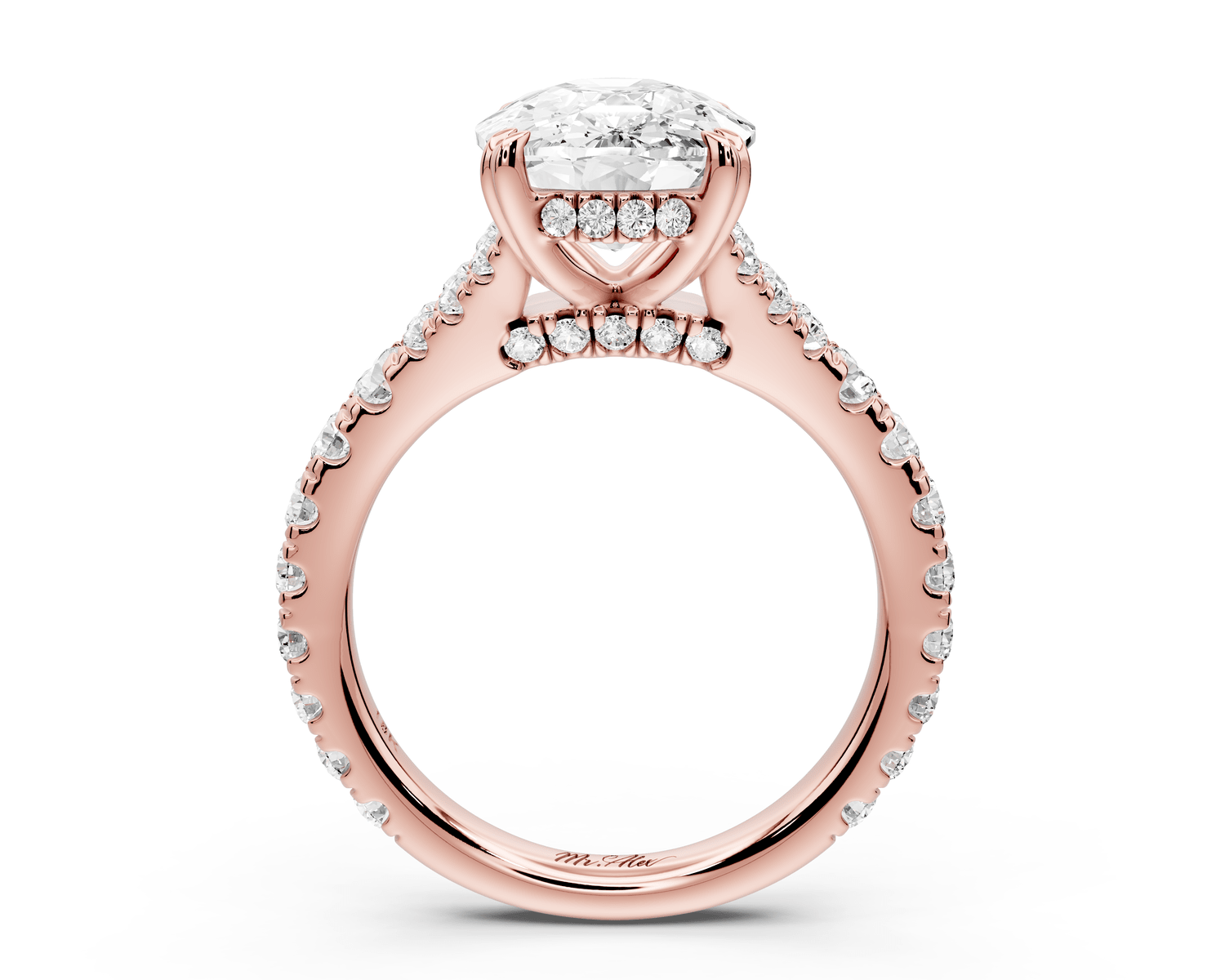 Rosalie - 5ct 18k rose gold ecushion Pavé Cathedral Hidden Halo with Diamond Bridge split shank Engagement Ring - Mr. Alex Jewelry