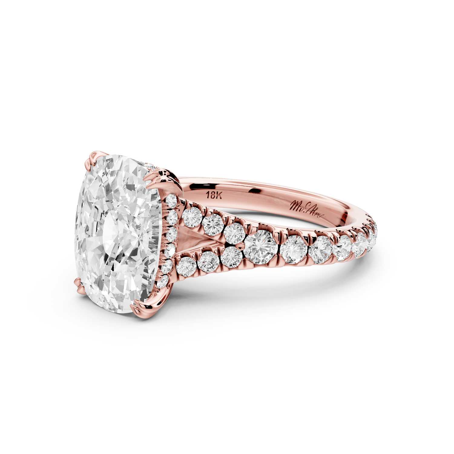 Rosalie - 5ct 18k rose gold ecushion Pavé Cathedral Hidden Halo with Diamond Bridge split shank Engagement Ring - Mr. Alex Jewelry
