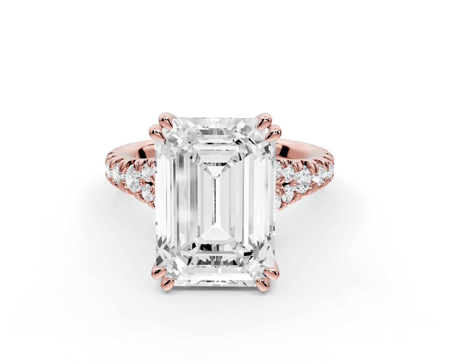 Rosalie - 5ct 18k rose gold emerald Pavé Cathedral Hidden Halo with Diamond Bridge split shank Engagement Ring - Mr. Alex Jewelry