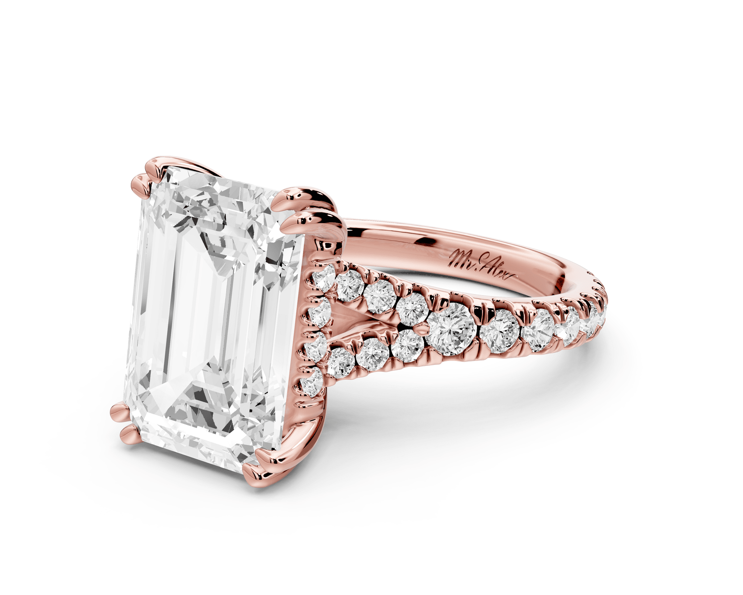 Rosalie - 5ct 18k rose gold emerald Pavé Cathedral Hidden Halo with Diamond Bridge split shank Engagement Ring - Mr. Alex Jewelry