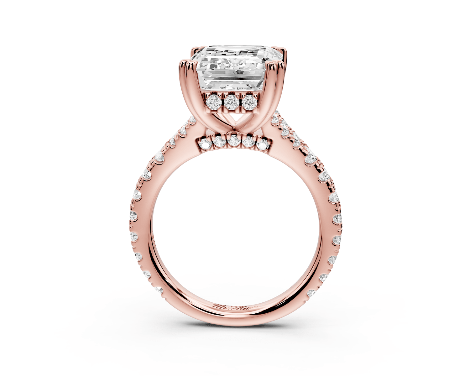Rosalie - 5ct 18k rose gold emerald Pavé Cathedral Hidden Halo with Diamond Bridge split shank Engagement Ring - Mr. Alex Jewelry