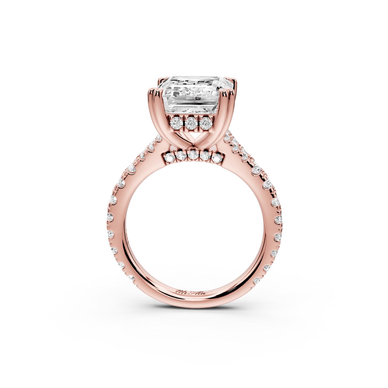 Rosalie - 5ct 18k rose gold emerald Pavé Cathedral Hidden Halo with Diamond Bridge split shank Engagement Ring - Mr. Alex Jewelry