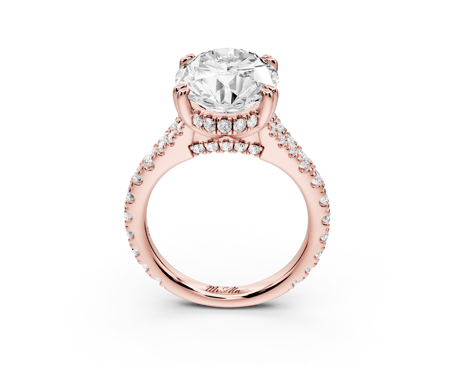 Rosalie - 5ct 18k rose gold oval Pavé Cathedral Hidden Halo with Diamond Bridge split shank Engagement Ring - Mr. Alex Jewelry