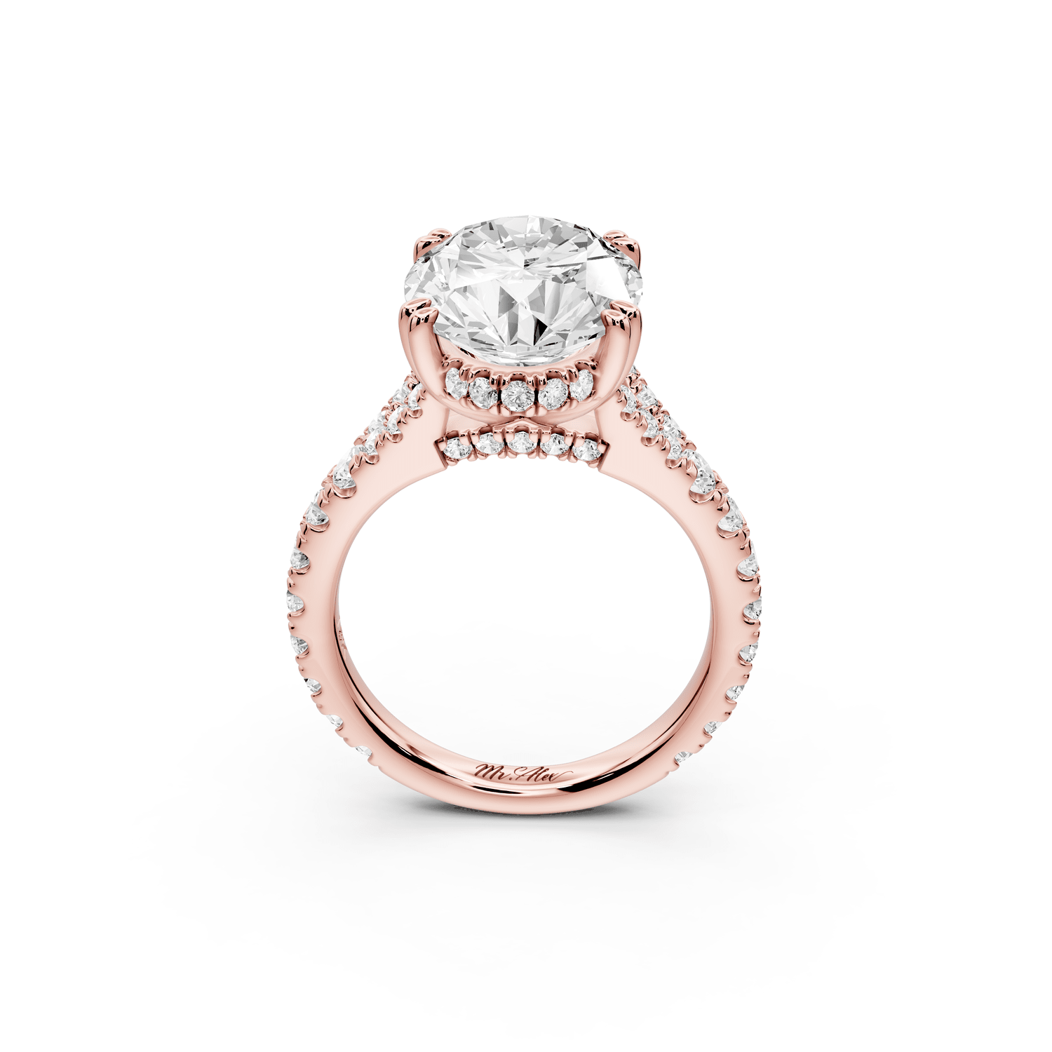 Rosalie - 5ct 18k rose gold oval Pavé Cathedral Hidden Halo with Diamond Bridge split shank Engagement Ring - Mr. Alex Jewelry
