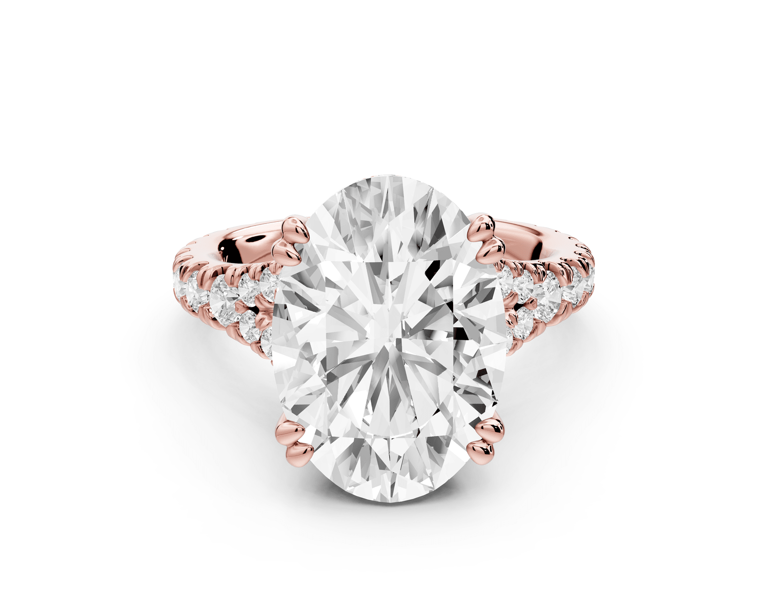 Rosalie - 5ct 18k rose gold oval Pavé Cathedral Hidden Halo with Diamond Bridge split shank Engagement Ring - Mr. Alex Jewelry