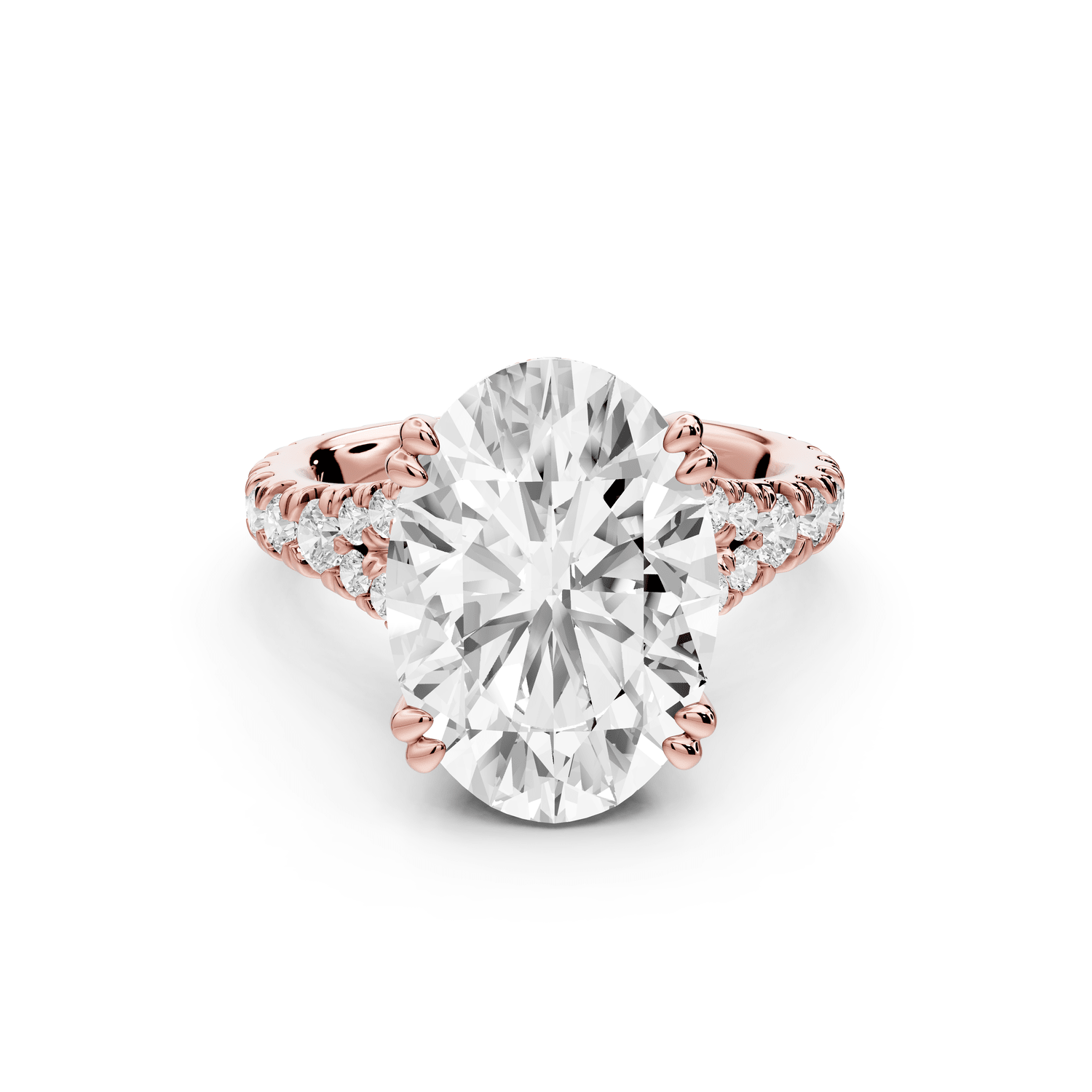 Rosalie - 5ct 18k rose gold oval Pavé Cathedral Hidden Halo with Diamond Bridge split shank Engagement Ring - Mr. Alex Jewelry