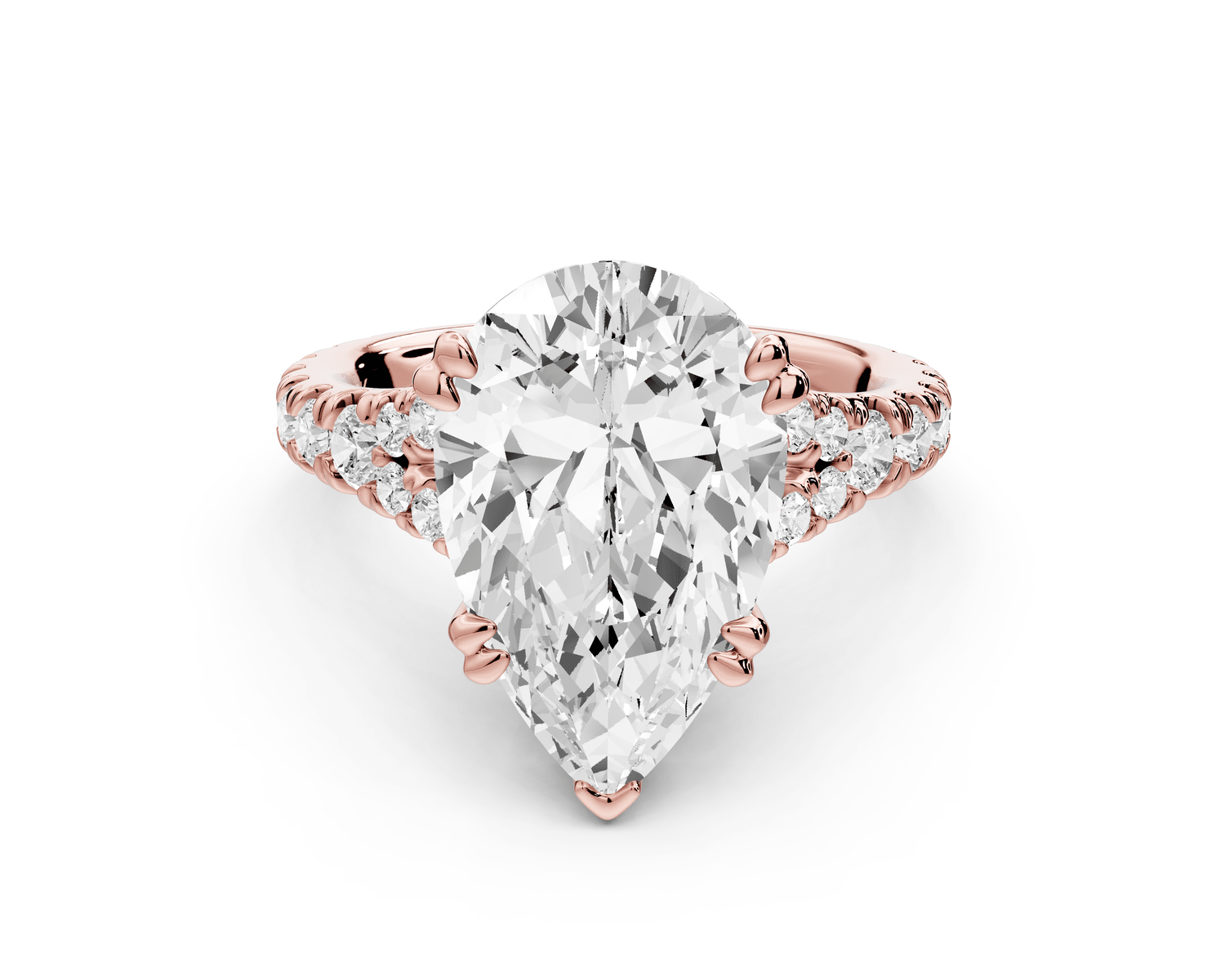 Rosalie - 5ct 18k rose gold pear Pavé Cathedral Hidden Halo with Diamond Bridge split shank Engagement Ring - Mr. Alex Jewelry